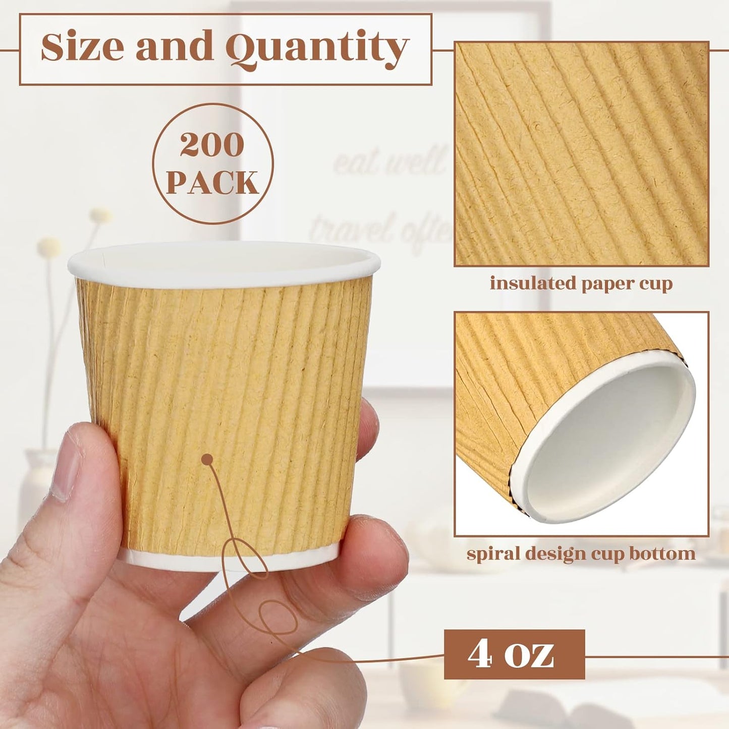 Yaomiao 200 Pcs 4 oz Disposable Espresso Coffee Cups Ripple Corrugated Paper Insulated Hot Cups for Party Cold Drinks Hot Beverage Tea(Kraft Paper Color)