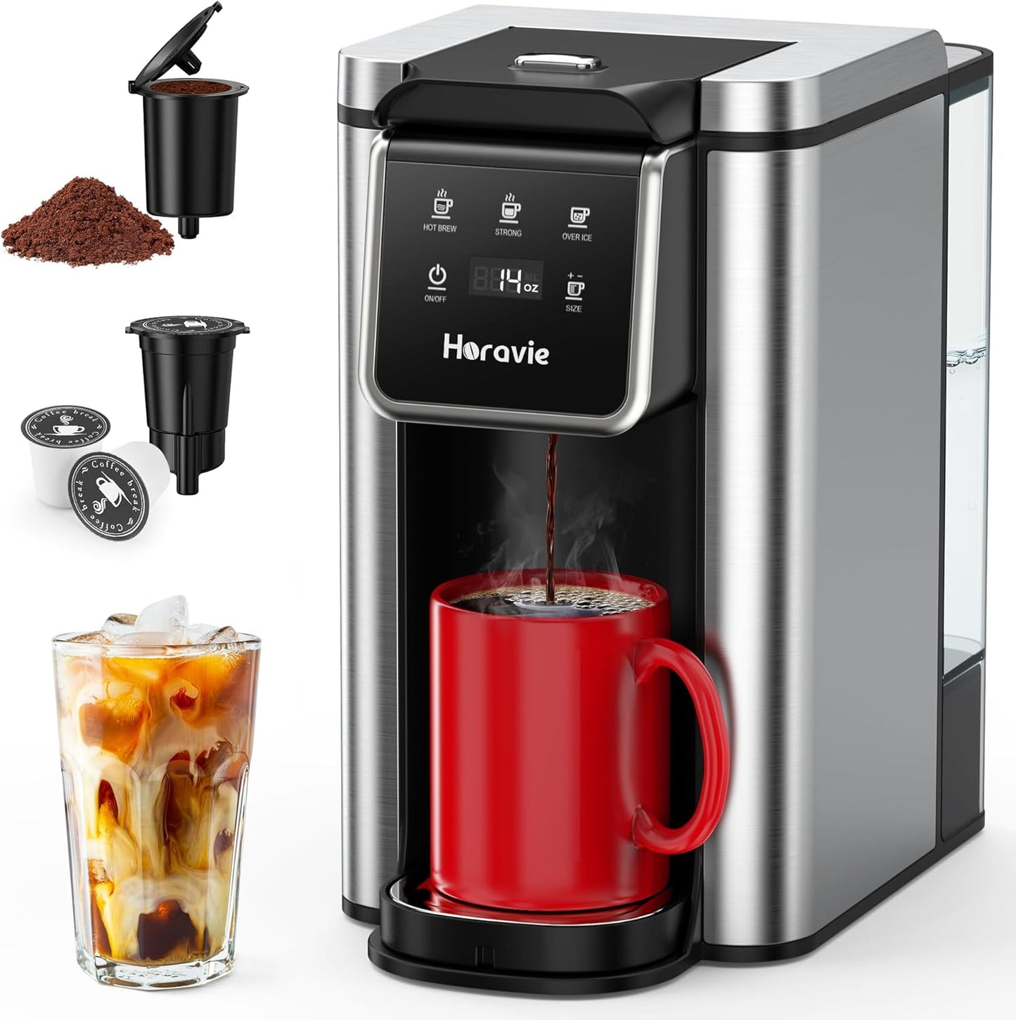 Single Serve Coffee Maker for K-Cup Pod and Grounds, Hot and Iced Coffee Maker with 5 Brew Sizes, 50oz Removable Reservoir, Fast Brewing One Cup Coffee Machine, Stainless Steel, Black