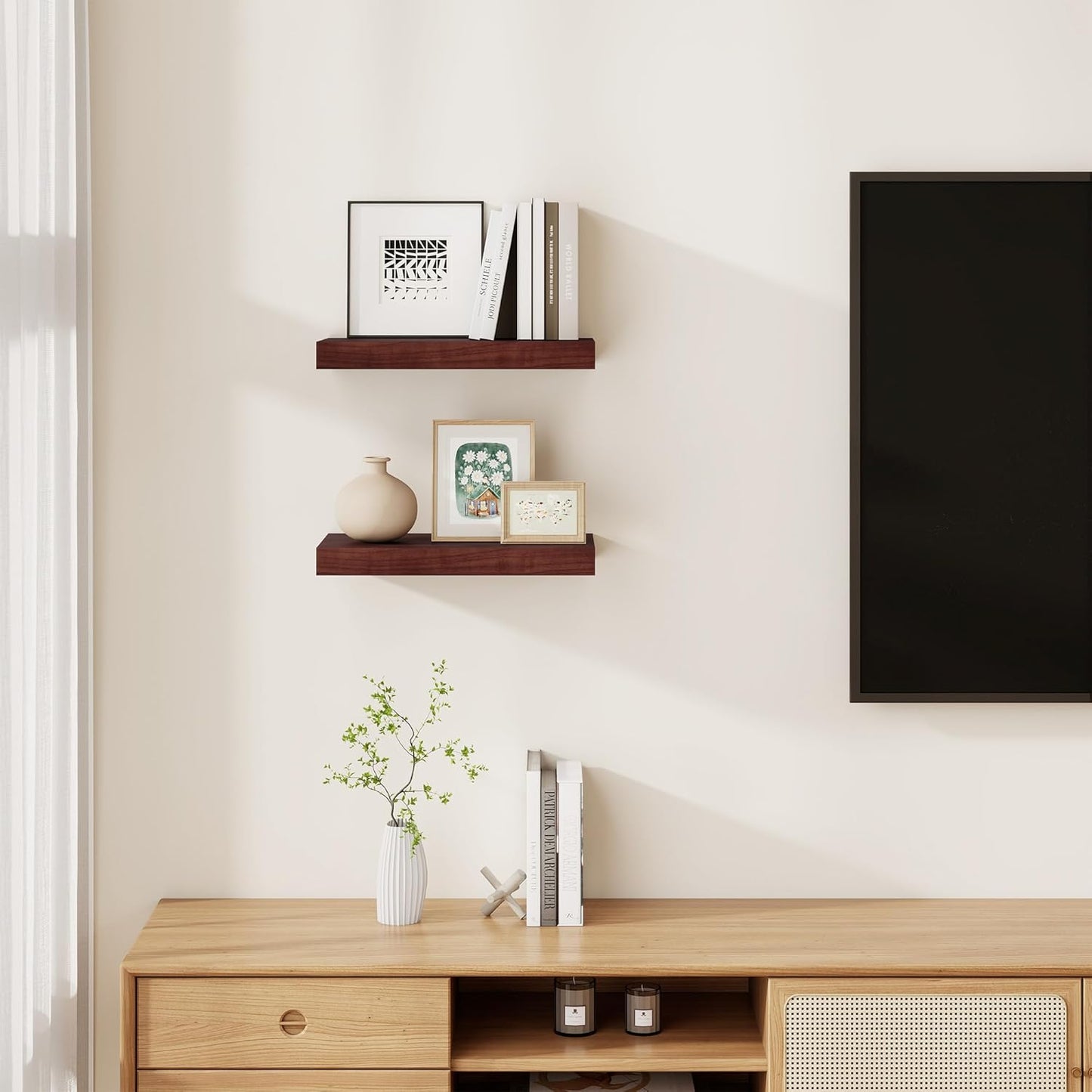 Floating Shelves for Wall, Real Wood Floating Shelf Set of 2, 8 Inch Deep Floating Shelves, Rustic Wood Wall Shelf for Home Decor, Deep Storage Shelves for Bathroom, Kitchen, 16"W x 8"D, Red Brown