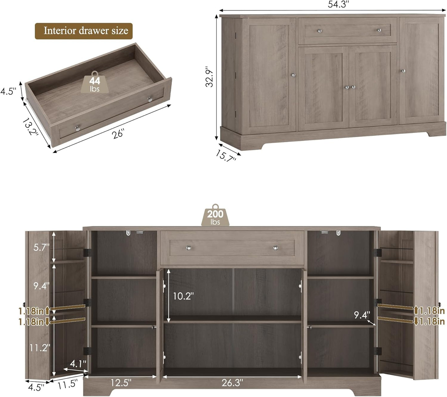 HITHOS 54" Buffet Cabinet with Storage, Modern Kitchen Buffet Sideboard with Drawer, Wood Coffee Bar Station with Adjustable Shelves, Kitchen Storage Cabinet for Living Room, Ash Grey