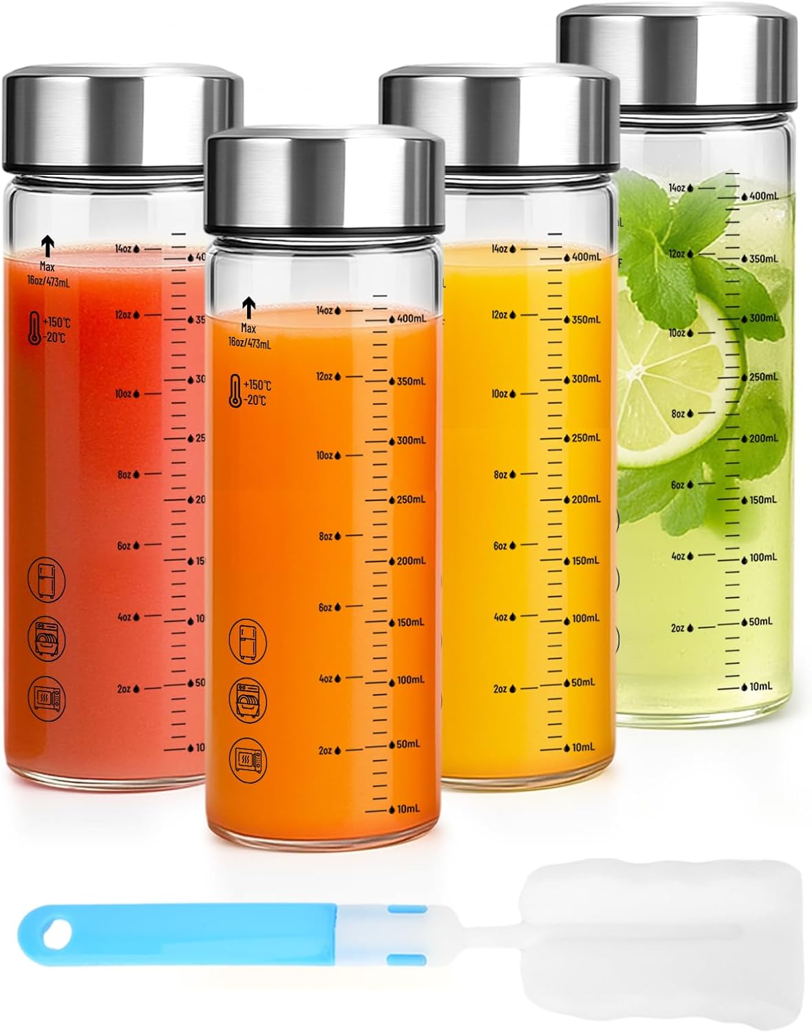 16oz Glass Water Bottles with Lids, 4 Pack Reusable Wide Mouth Juice Bottles with Stainless Steel Caps, Leakproof Borosilicate Glass for Juicing, Smoothies & Storage, BPA-Free,Dishwasher Safe