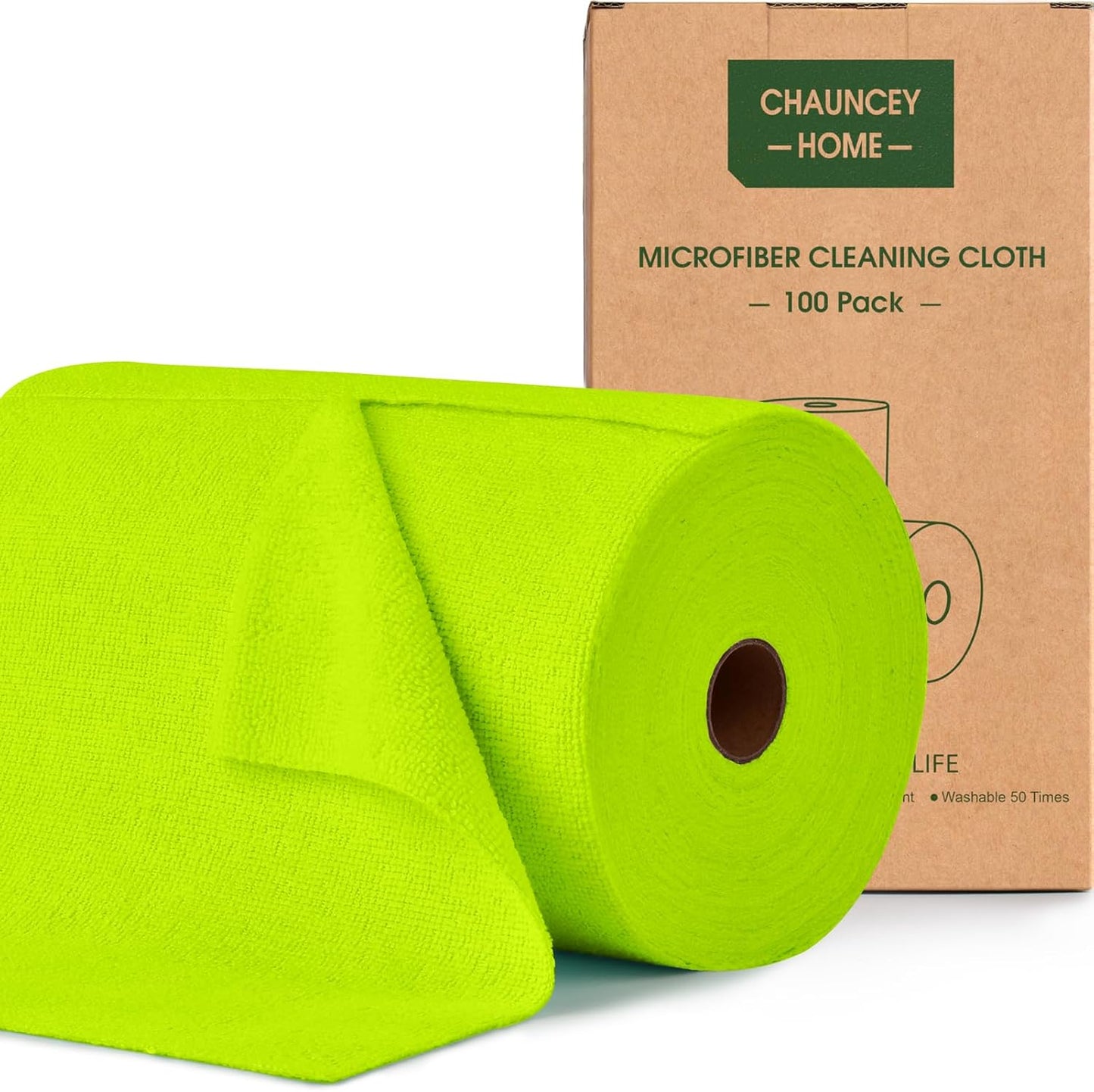 Roll of Microfiber Cleaning Cloth –100 Pack, Tear Away Microfiber Towels, Reusable, Washable, Scratch-Free, Cleaning Supplies,Kitchen Towels for Car, Home, Kitchen, Dishes(Neon Green)