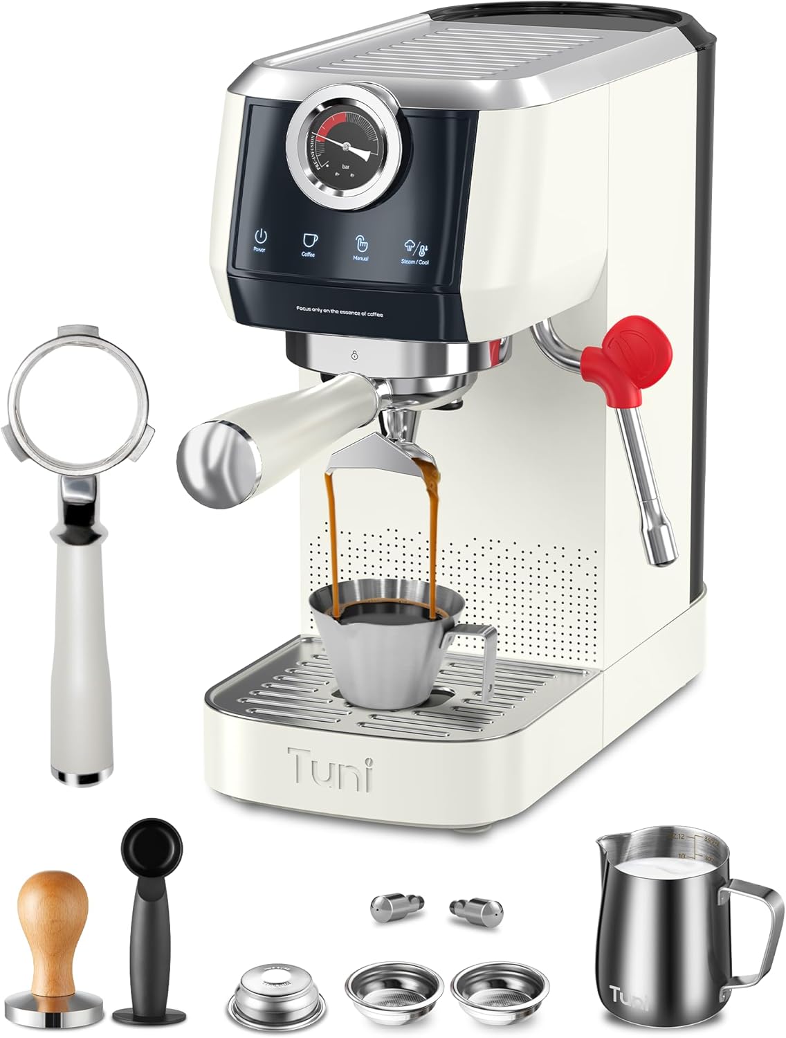 Tuni E2 58𝒎𝒎 𝑫𝒖𝒂𝒍 𝑩𝒐𝒊𝒍𝒆𝒓 𝑬𝒔𝒑𝒓𝒆𝒔𝒔𝒐 𝑴𝒂𝒄𝒉𝒊𝒏𝒆 with 𝑩𝒐𝒕𝒕𝒐𝒎𝒍𝒆𝒔𝒔 𝑷𝒐𝒓𝒕𝒂𝒇𝒊𝒍𝒕𝒆𝒓 Combo, 20 Bar Pump Semi-automatic Espresso Maker