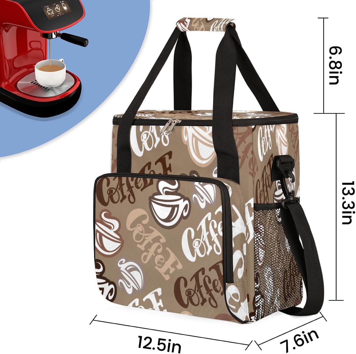 Coffee Time Coffee Maker Carring Bag Hand Drawn Coffee Travel Carrying Storage Tote Bag Compatible with Keurig K-Mini or K-Mini Plus Portable Single Serve Coffee Brewer Case with Pockets for K-cup Pods
