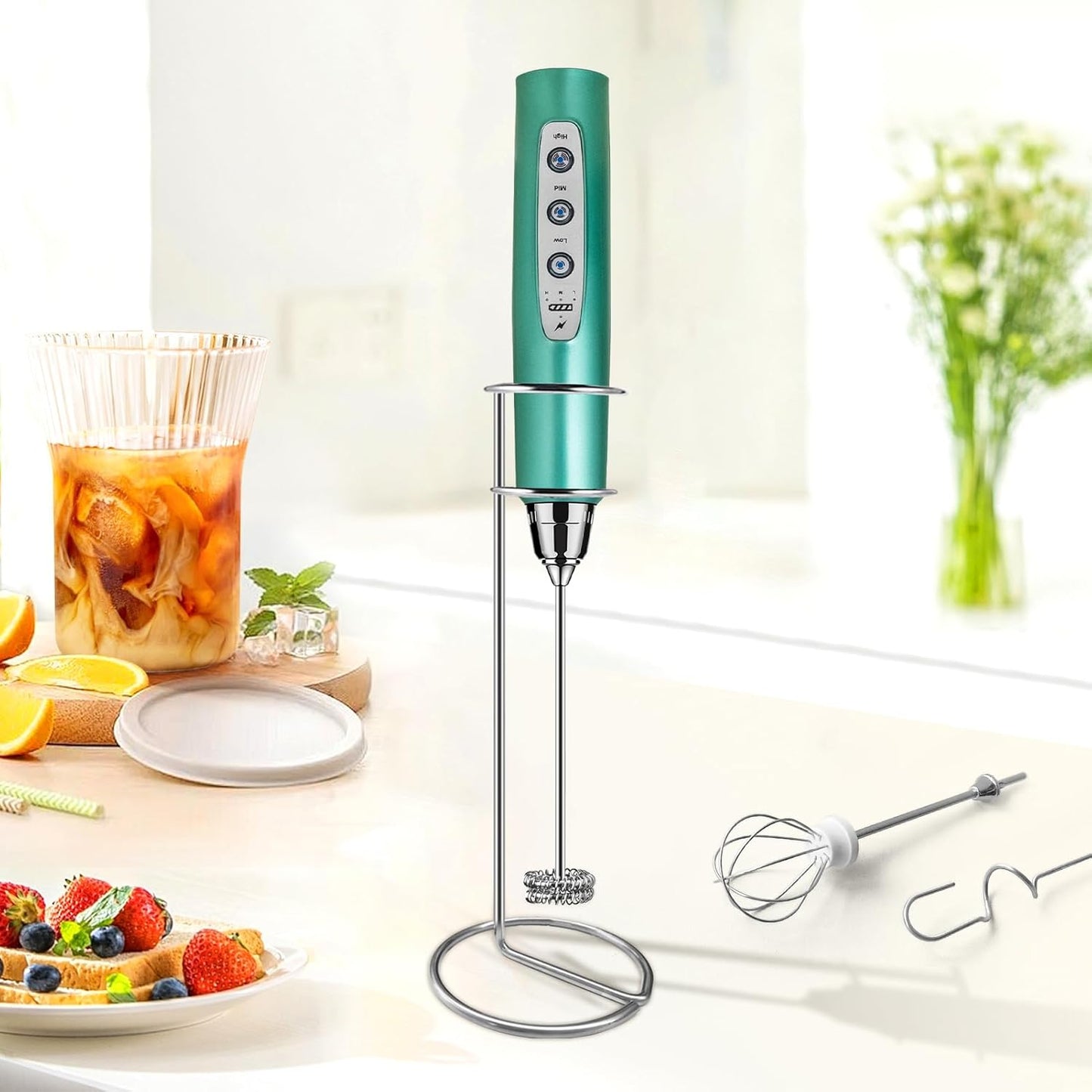 Milk Frother with Stand-Rechargeable Handheld Coffee Frother with 3 Stainless Whisks 3 Speed Adjustable, Electric Whisk Drink Mixer, Foam Maker Blender for Matcha Latte Cappuccino Chocolate