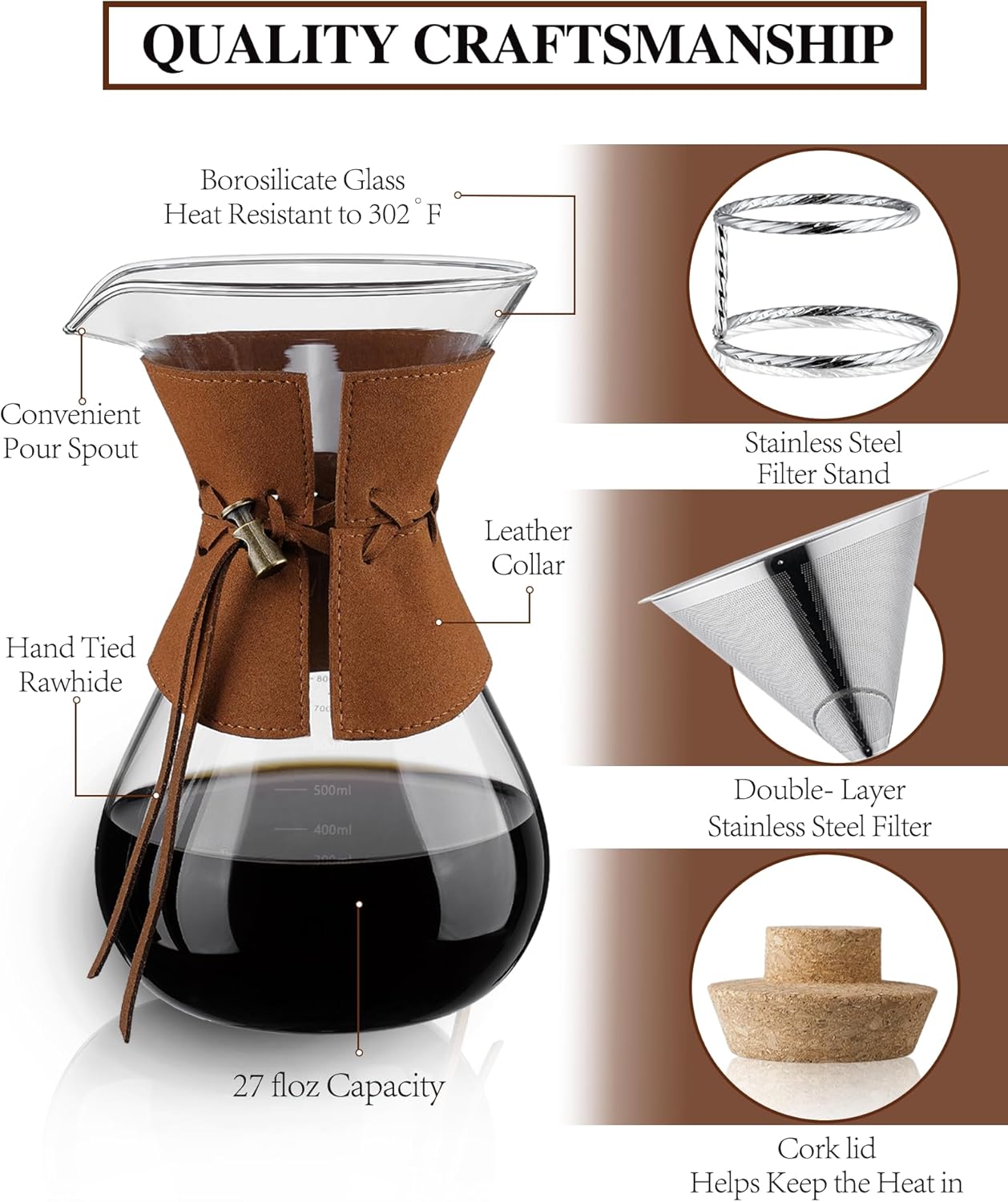 Pour Over Coffee Maker with Double-Layer Stainless Steel Filter - 27 oz Pour Over Coffee Dripper with Leather Collar, Heat Resistant 5 Cups Glass Coffee Carafe with Cork Lid for Hand Brewing Lovers