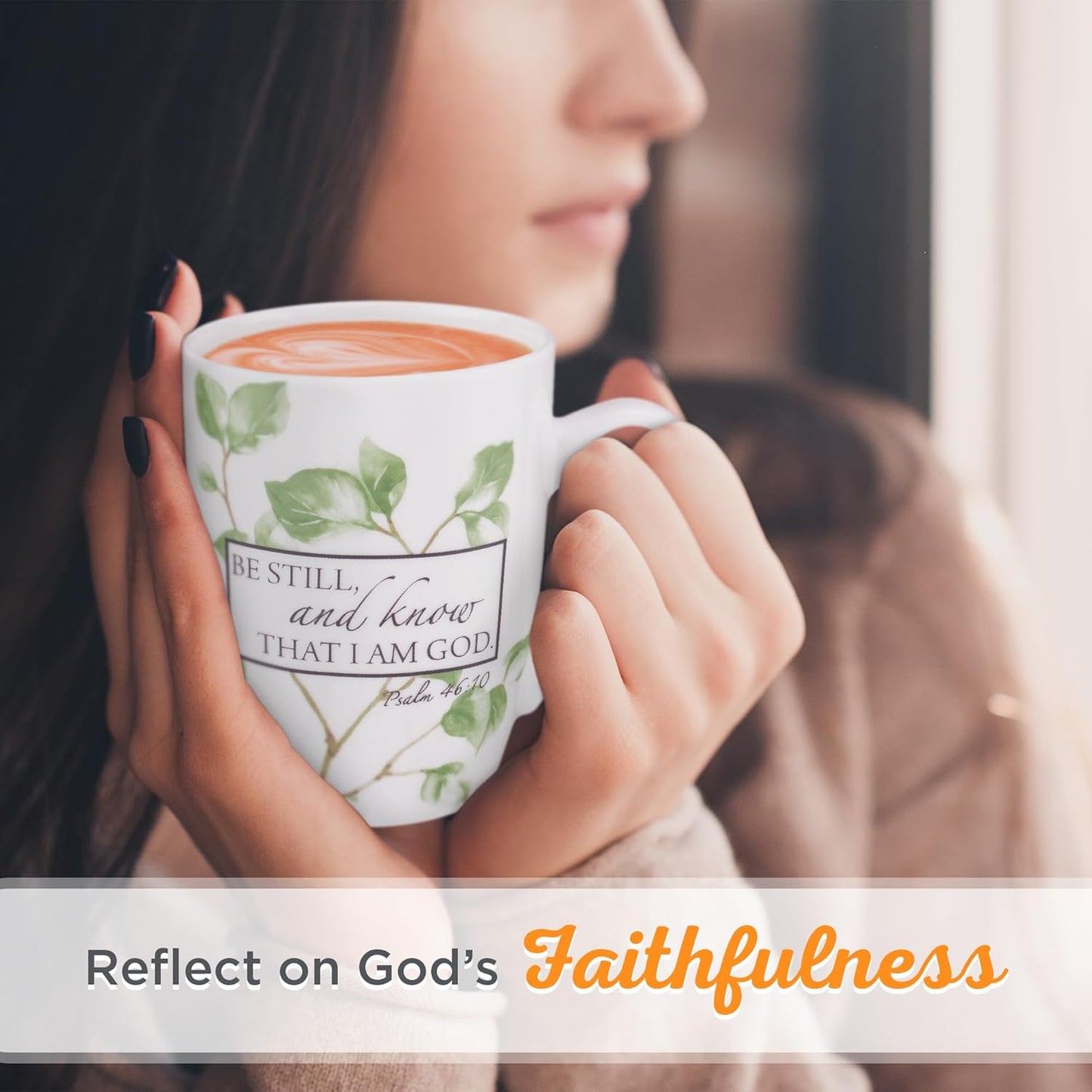 Christian Art Gifts Encouraging Scripture Ceramic Coffee & Tea Mug for Women: Be Still & Know Bible Verse Psalm, Inspirational Microwave/Dishwasher Safe Drinkware, White & Green Leaf Branches, 12 oz.