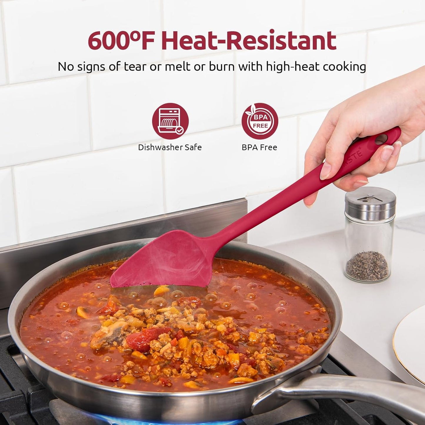 U-Taste Silicone Spatula Set: 600ºF High Heat Resistant, Seamless Food Grade Flexible Rubber Kitchen Cooking Mixing Baking Scraper for Nonstick Cookware Set of 3 (Red)