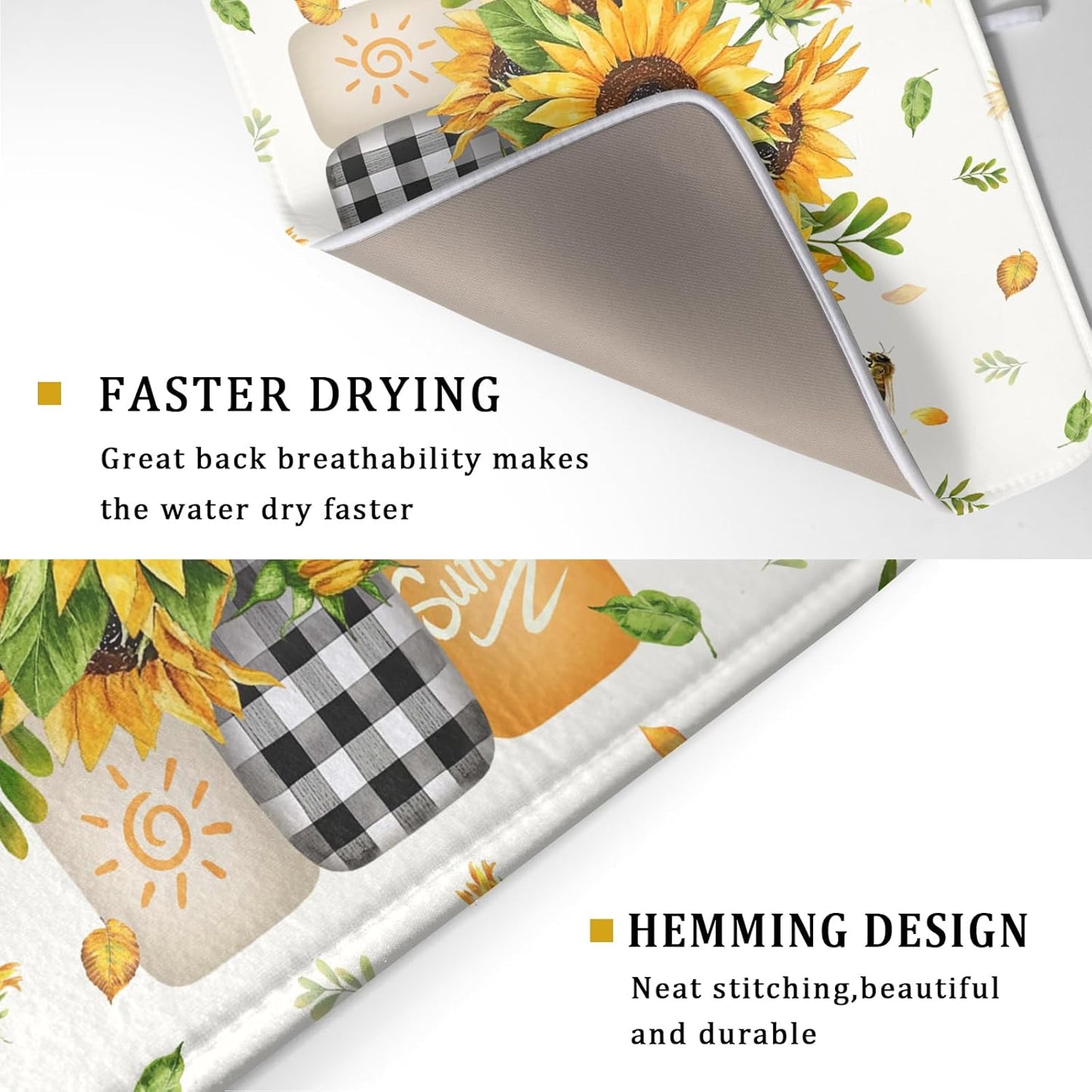 Giwawa Sunflower Vases Dish Drying Mat for Countertop, 18"x24" Summer Bee Floral Mason Jar Dish Drainer Mats, Fast Dry Microfiber Reversible Large Dish Drying Pad Kitchen Decoration