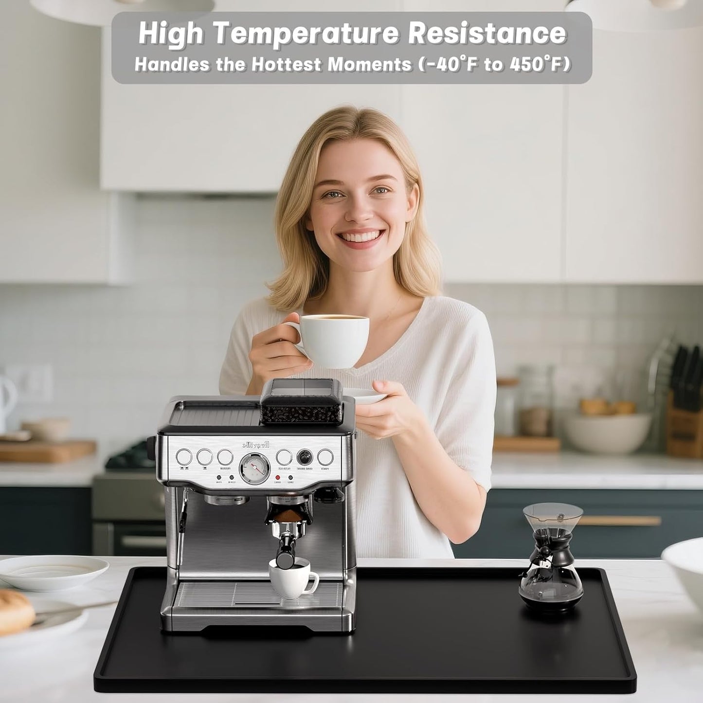 Rnivvi Silicone Coffee Mat, 16" x 24" Waterproof Raised Edge Coffee Bar Mats for Espresso Machine Station Accessories, Heat Resistant Dish Drying Pad for Kitchen Counter, Rubber Bar Decor Pad, Black