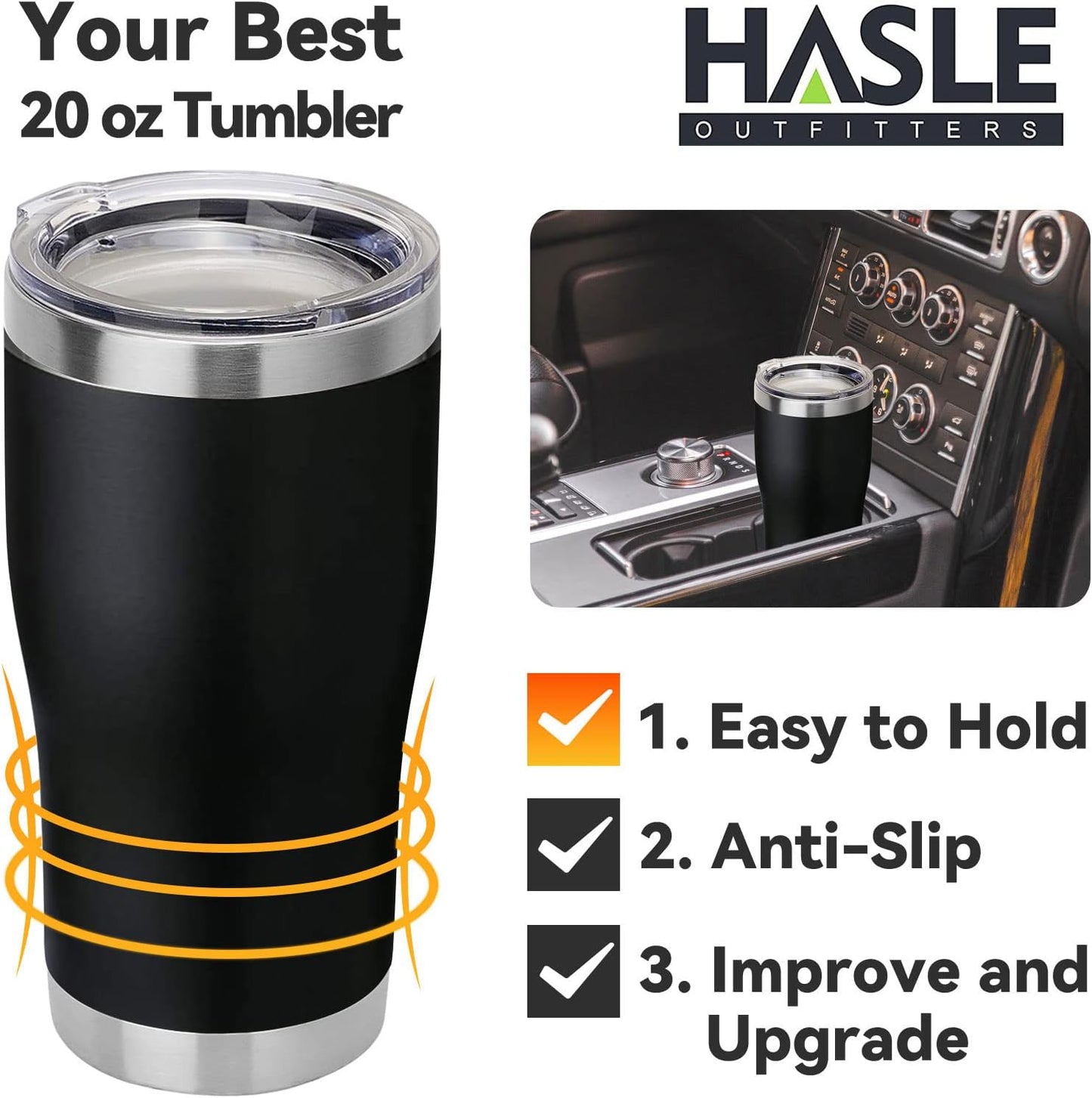 HASLE OUTFITTERS 20 oz Tumbler Bulk, Stainless Steel Tumblers with Lid, Vacuum Insulated Tumbler, Double Wall Tumbler Cup, coffee mugs, Black, 1 Pack