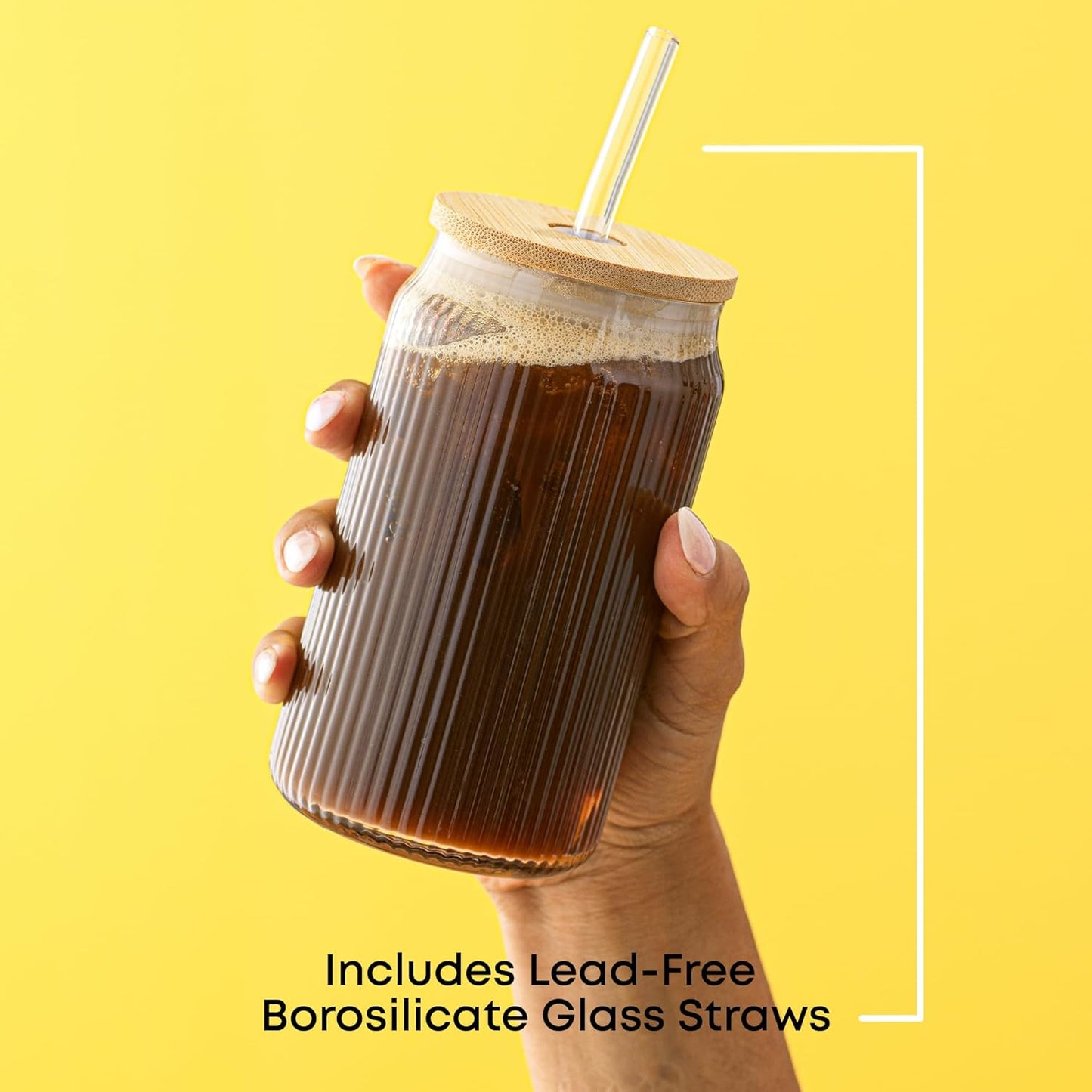 JoyJolt Fluted Glass Tumblers with Bamboo Lids and Glass Straws, Ribbed Can Shaped Drinking Glasses Set of 4, 16oz Cup with Lids and Straws, Iced Coffee Cups, Cocktail/Beer Glasses, Tea Cups