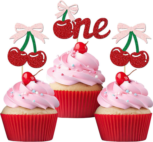 24 Pack Cherry 1st Birthday Cupcake Toppers, Glitter Cherry First Birthday Cake Pick for Fruits Theme One Birthday Party Cake Decorations Supplies (One)