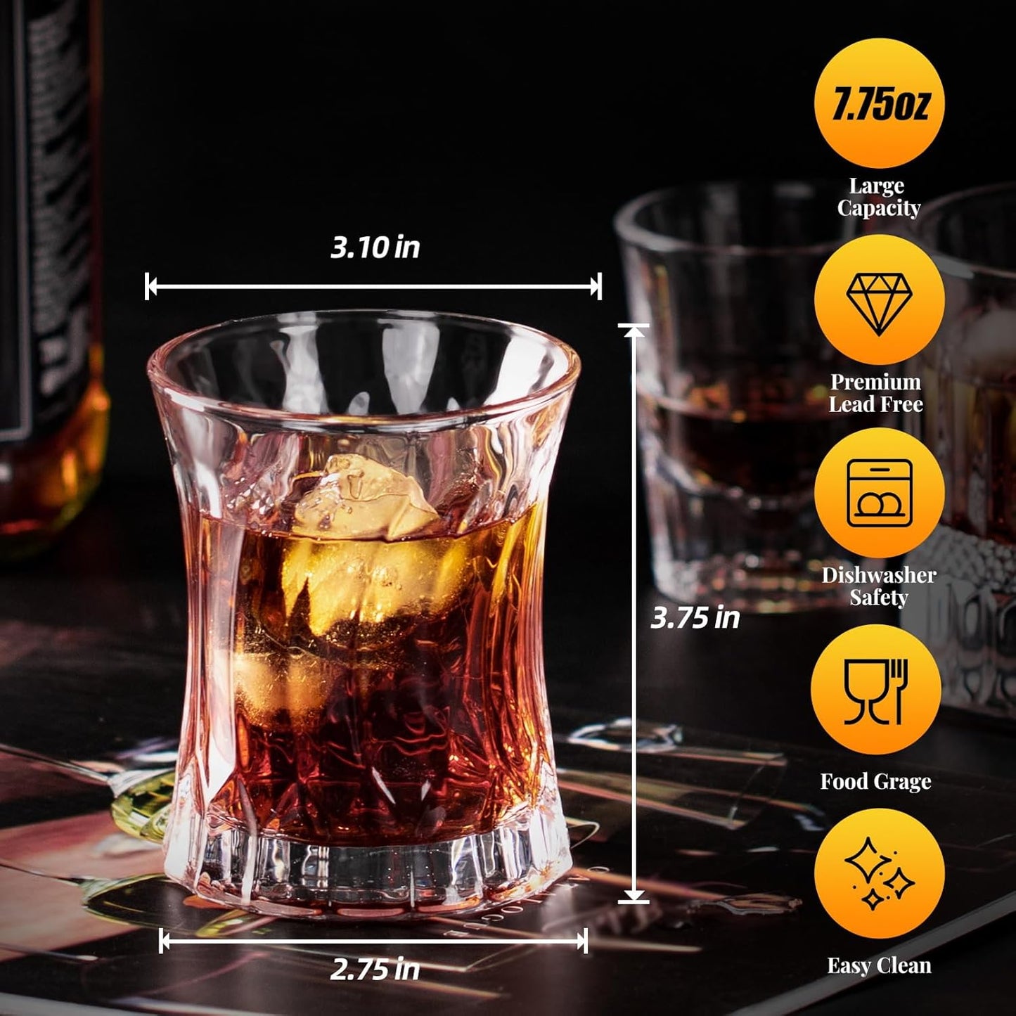 KAMMAK Whiskey Glass 7.75oz Set of 2, Old Fashioned Glass for Scotch, Cocktails, Rum, Shot Glasses Vodka in Bar And Party Gifts for Men, Whisky Lovers, Wedding, Anniversary, Birthday