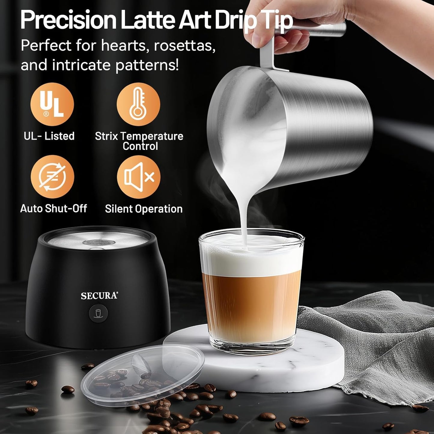 Secura Detachable Milk Frother, 17oz Electric Milk Steamer Stainless Steel, Automatic Hot/Cold Foam and Hot Chocolate Maker with Dishwasher Safe, 120V