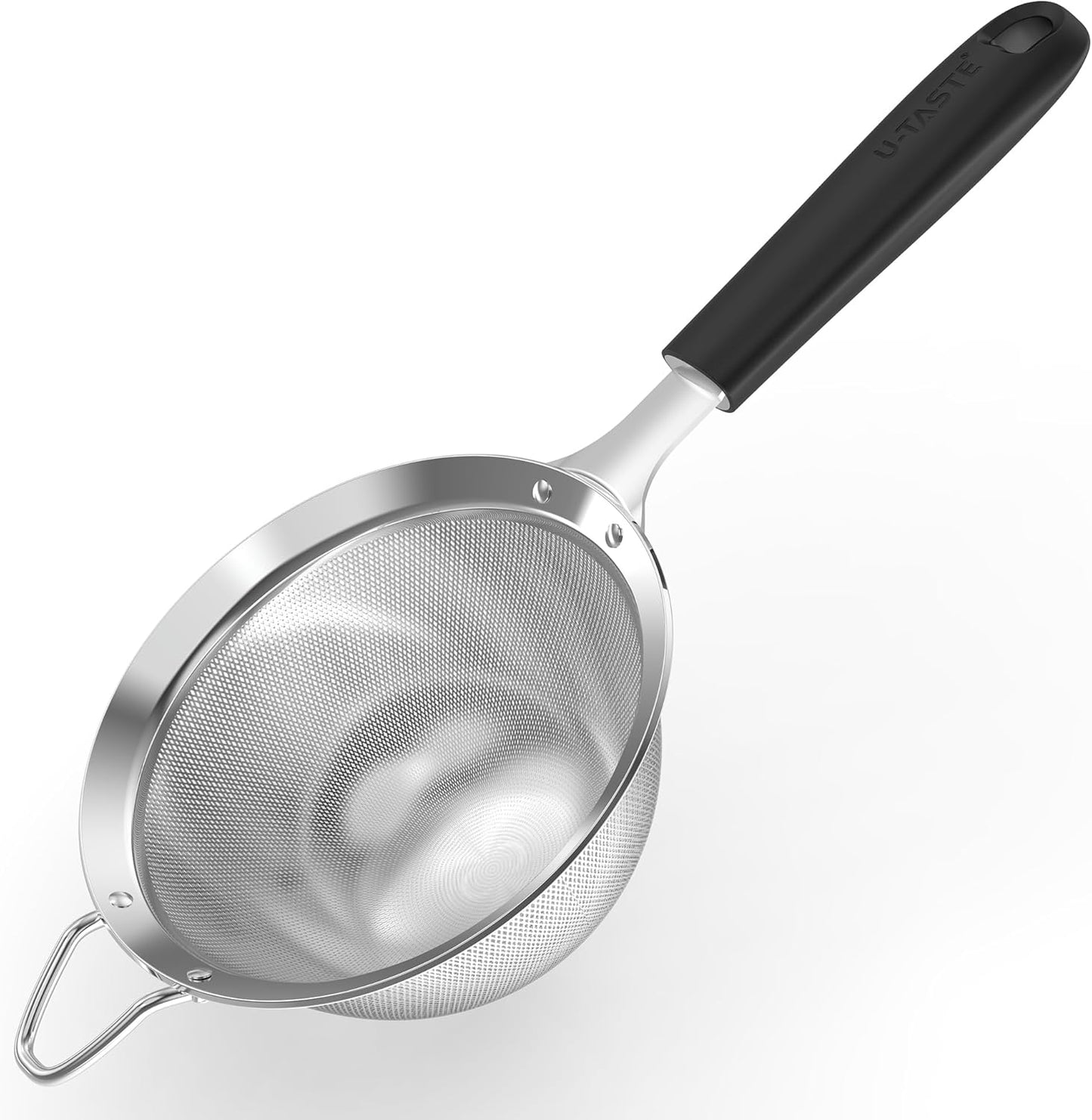 U-Taste Medium Fine Mesh Strainer: 18/8 Stainless Steel 4.73in 30 Mesh Kitchen Food Sieve with Sturdy Riveted Silicone Handle, Heavy Duty Deep Handheld Metal Colander for Rice, Quinoa, Flour (Black)
