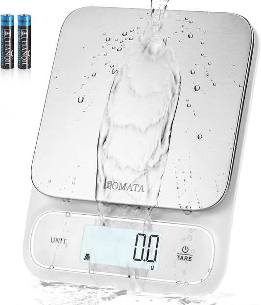 BOMATA Waterproof IPX6 Kitchen Scale, 0.1 g/0.01 oz High Precision, 5 kg/11 lbs, Digital Scale with Backlight, Stainless Steel Weighing Platform, for Food, Cooking, Baking, Weight Loss.. B619, White