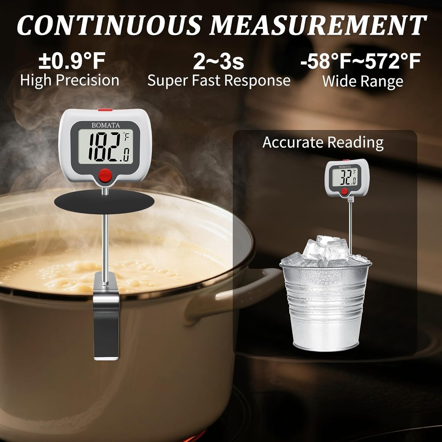 BOMATA Candy Thermometer with Pot Clip, Instant Read Cooking Thermometer with 8" Long Probe, Rotating Display, for Candy Making, Food, Candle Making, Liquids, Water, Baking, Sugar, Grilling. White
