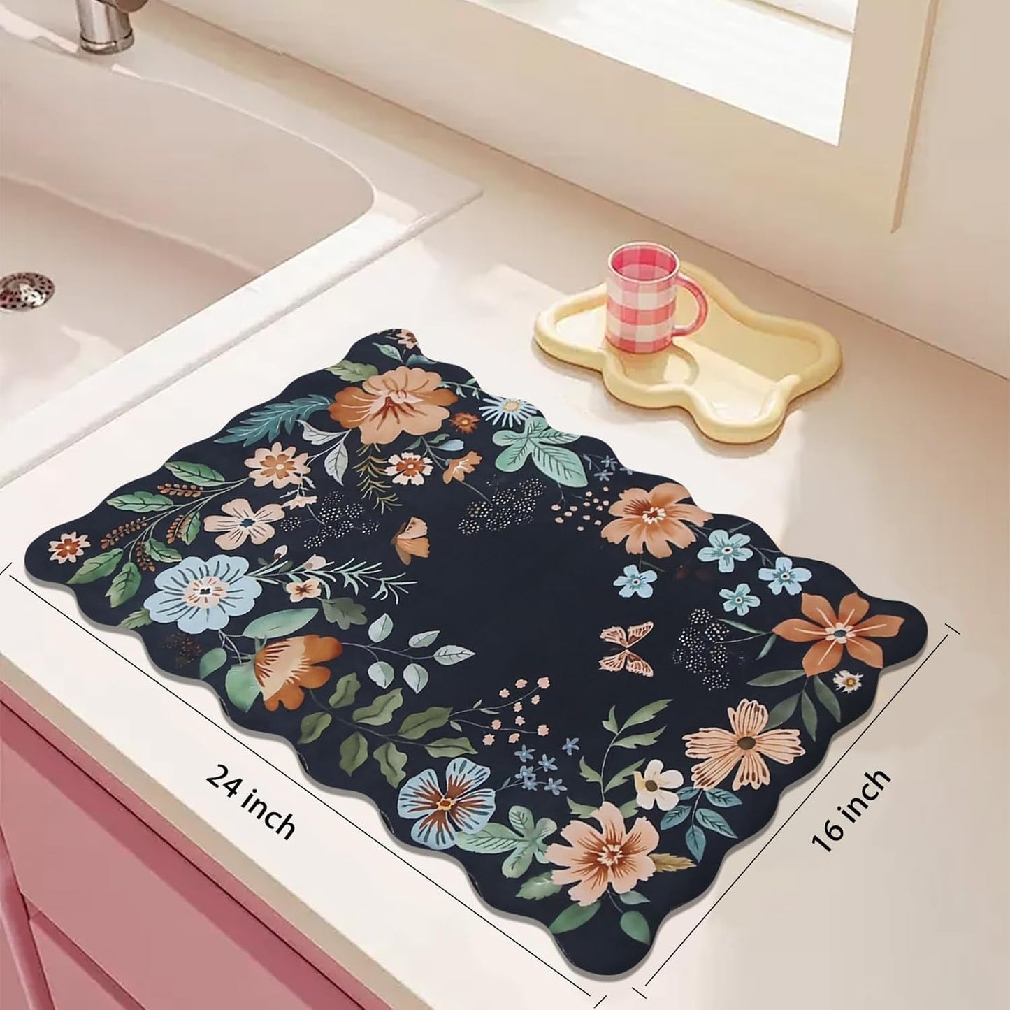 Scalloped Bohemian Coffee Bar Mat Dish Drying Mats for Kitchen Counter, Kitchen Decor,(16"x24", Black)