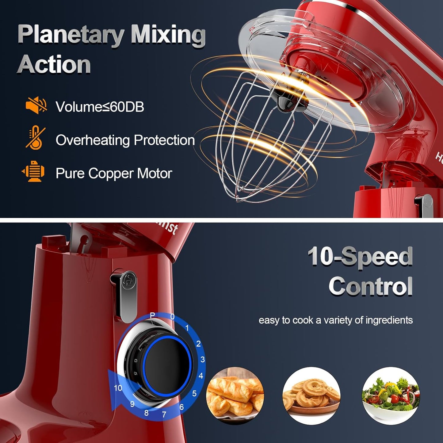 Stand Mixer, 6.5QT 10-Speed Tilt-Head Electric Stand Mixer, 3-In-1 Kitchen Mixer with Bowl, Dough Hook, Whisk and Beater, Food Mixer for Baking, Cake and Most Home Cooks, Red