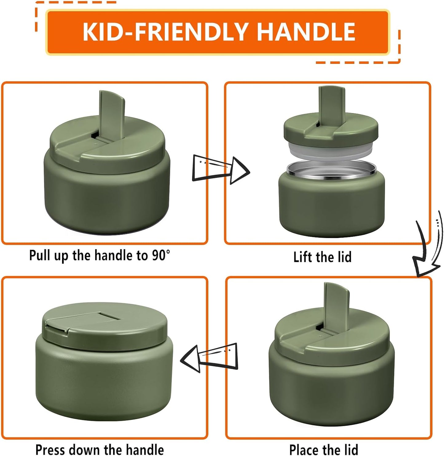 13.5oz Kids Thermos for Hot Food, Insulated Vacuum Food Jar with Buckle Lid, Stainless Steel Wide Mouth Leak Proof Insulated Lunch Container for School Picnic Travel, Green