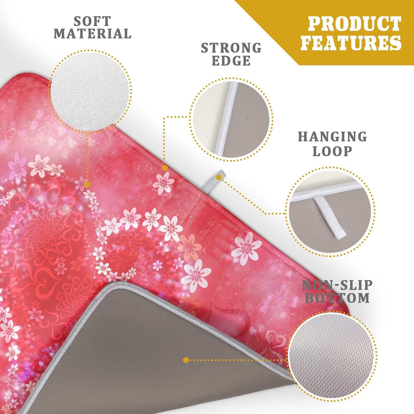 Valentines Day Dish Drying Mat for Kitchen Counter Red Heart Flower Decor Drying Mat 18 x 24 Inch with Absorbent Reversible Microfiber Dish Drying Pad Dish Rack Drainer Mat for Coffee Bar