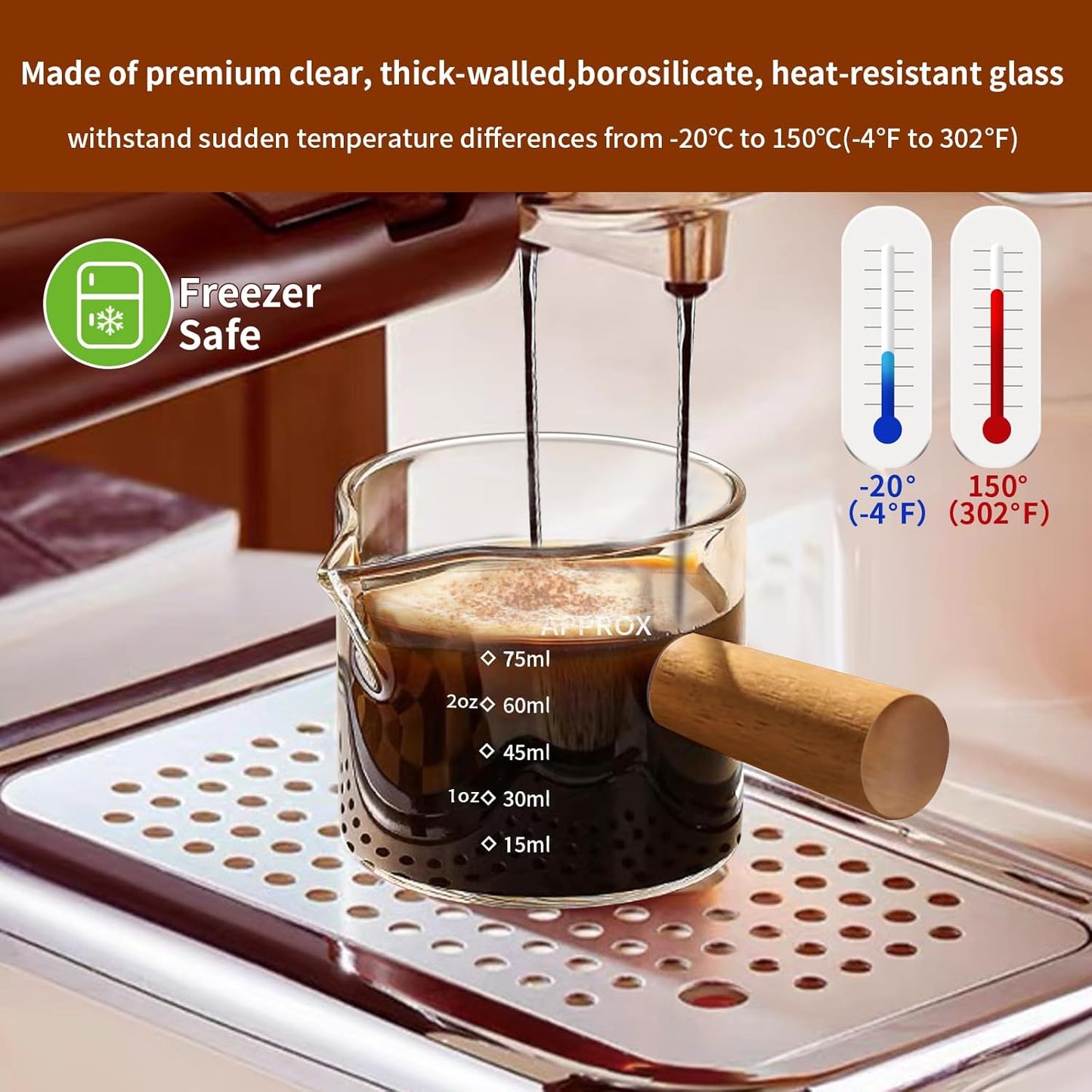 YARRAMATE 3oz Espresso Shots Cup with Wood Handle (2 Pack), Clear Glass Espresso Machine Accessories, Espresso Measuring Cup with Dual Scale, Espresso Shot Glass with Single Spout