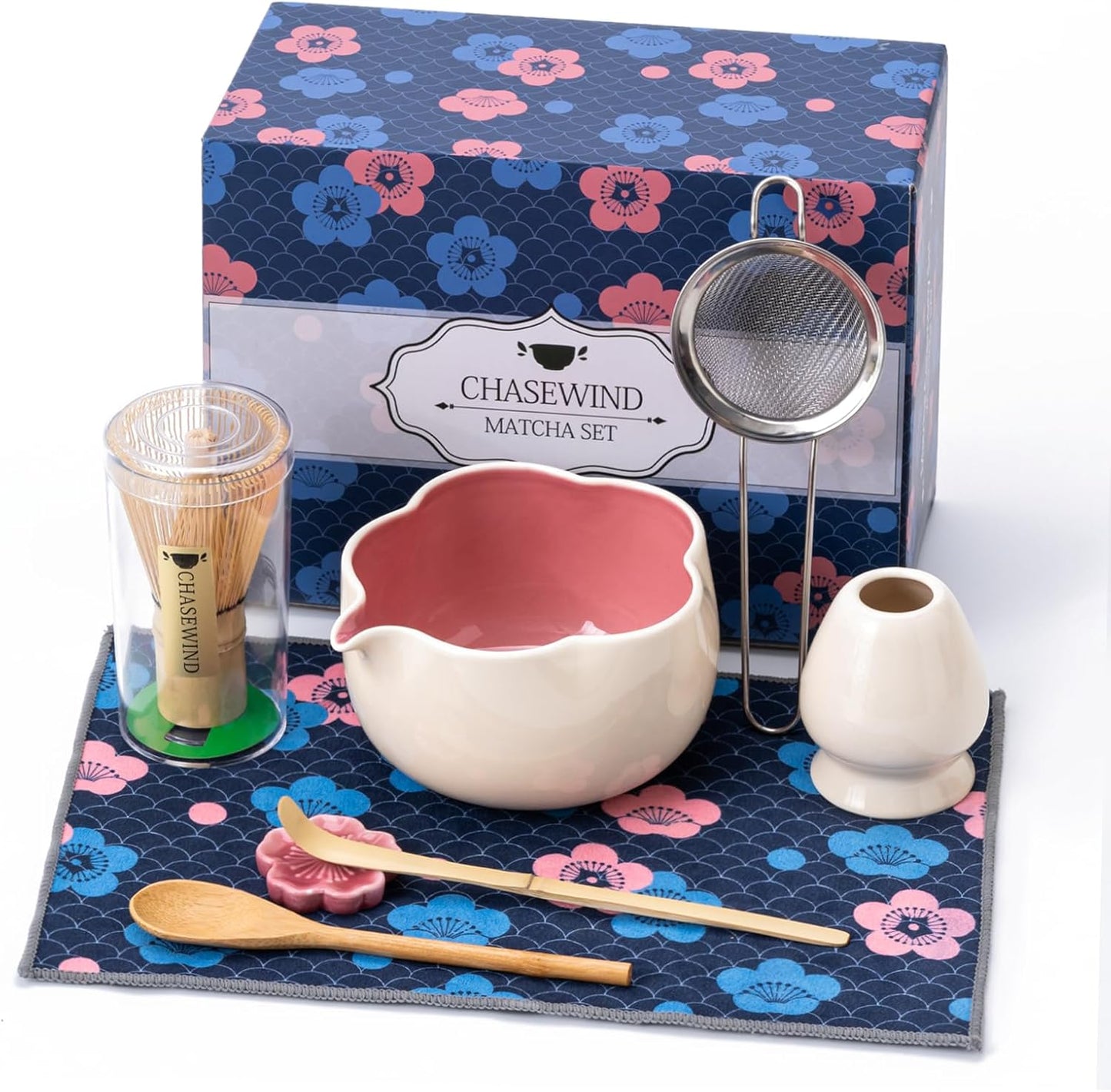 Matcha Whisk Set, 8Pcs Floral Ceramic Matcha Set with Matcha Whisk, Holder, Scoop, Scoop Rest, Sifter, Spoon and Tea Towel - Thoughtful Matcha Whisk Gift for Matcha Lovers (Beige & Pink)