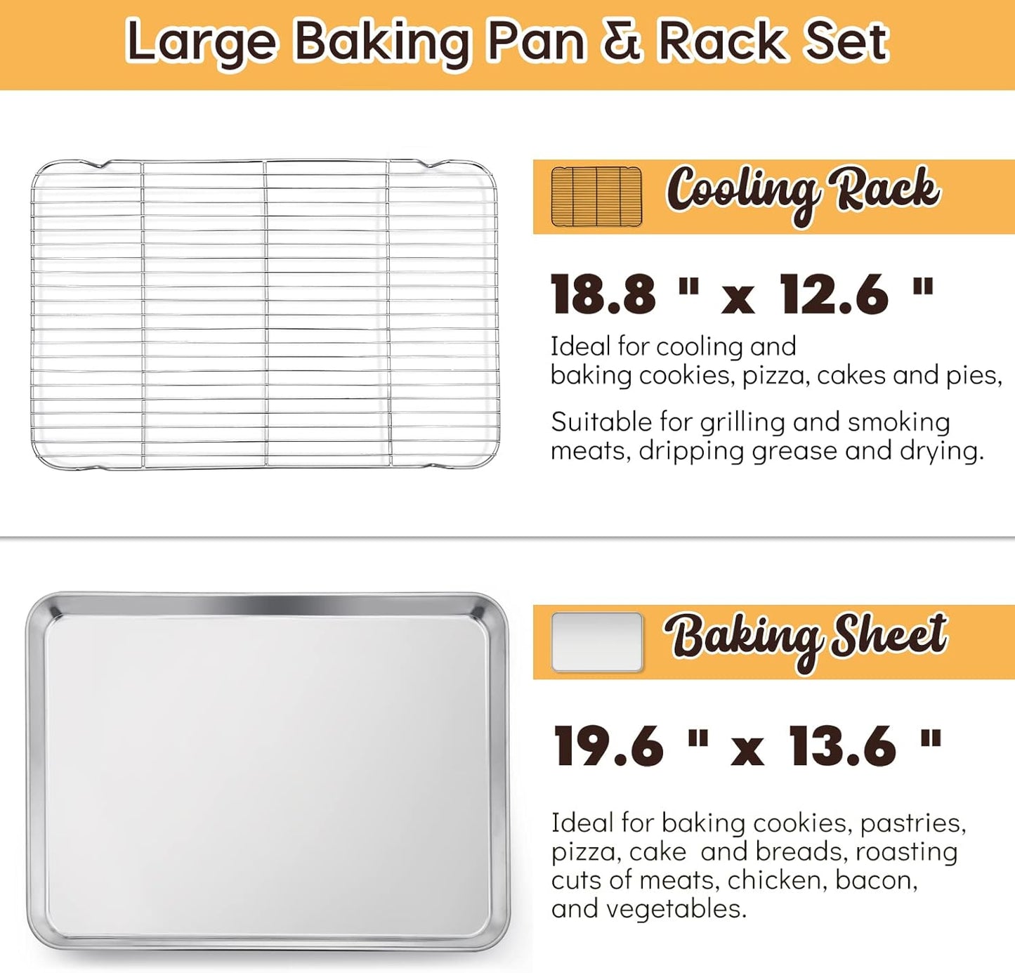 Large Baking Sheet with Rack Set, E-far 20”x14” Stainless Steel Cookie Sheet Pan for Oven Cooking Roasting, Rimmed Metal Tray with Wire Cooling Rack for Bacon Meat Steak - Dishwasher Safe