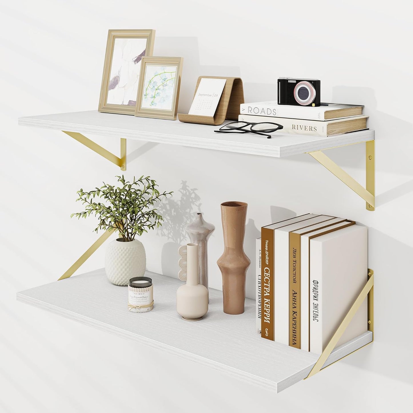 Floating Shelves for Wall, 12 Inch Deep Floating Shelves Set of 2, 30W x 12D Large Wall Shelf with Sturdy Metal Brackets for Living Room, Bathroom, Bedroom and Kitchen, White with Gold Bracket