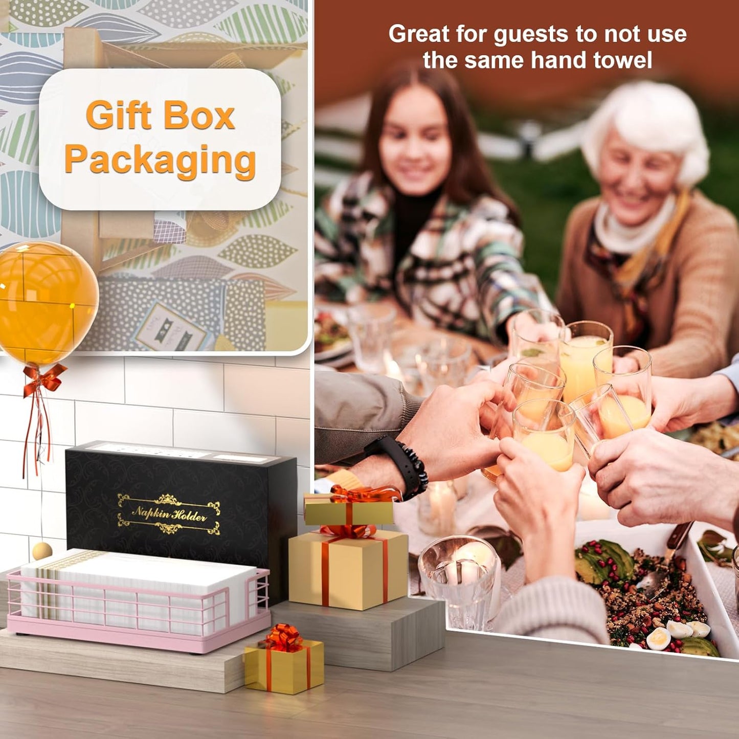 Wican Guest Towel Holder Tray for Bathroom, Oak and Iron Napkins Holder for Powder Room Dinning Table Wooden Basket for Disposable Paper Hand Towels Totally Pink