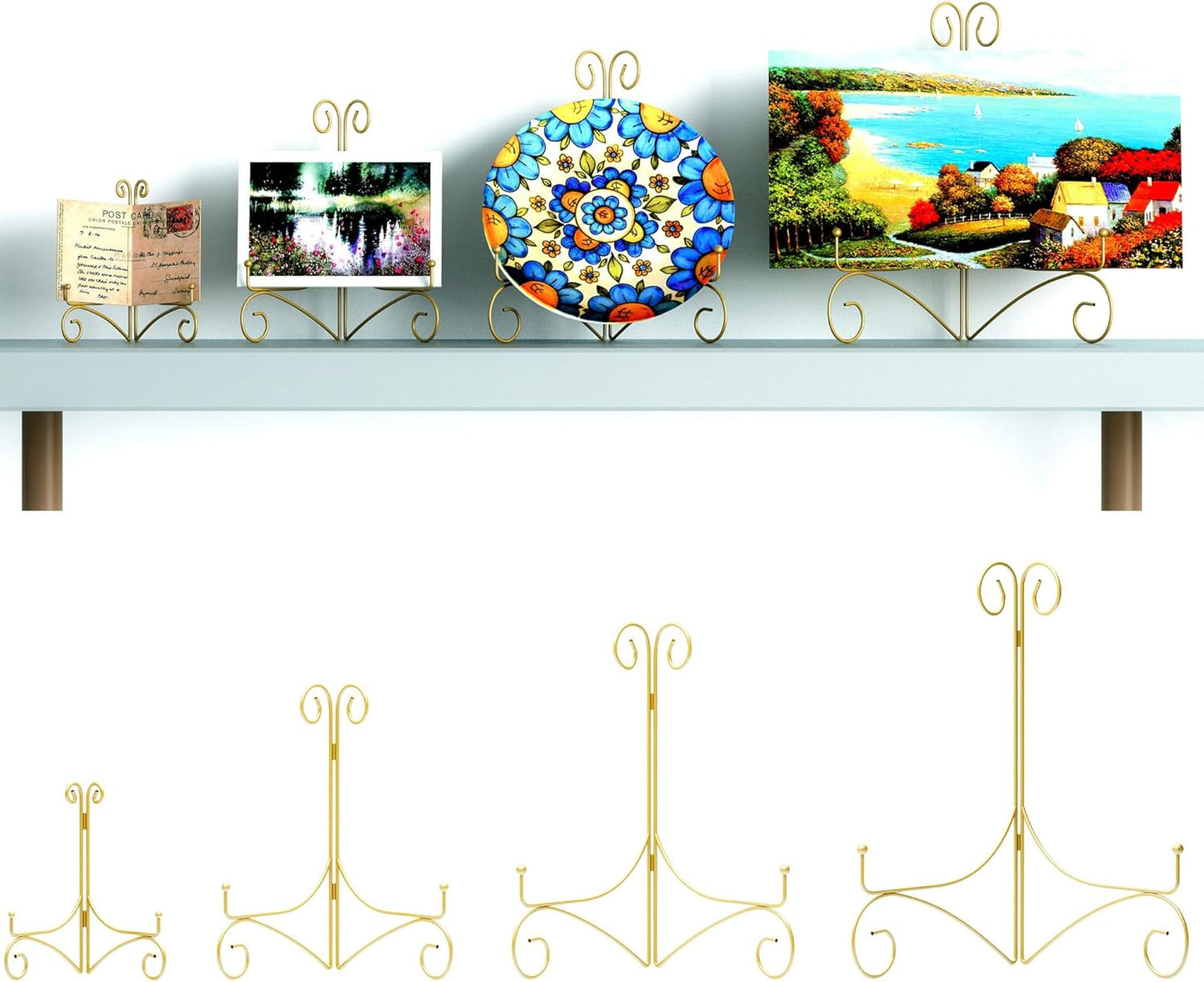 Plate Display Stands with Hinged Folding Design, 8 Inch Picture Frame Stand for Tables, Decorative Easels for Plates, Photos, Cards and Books, 8’’ Gold, 2-Pack