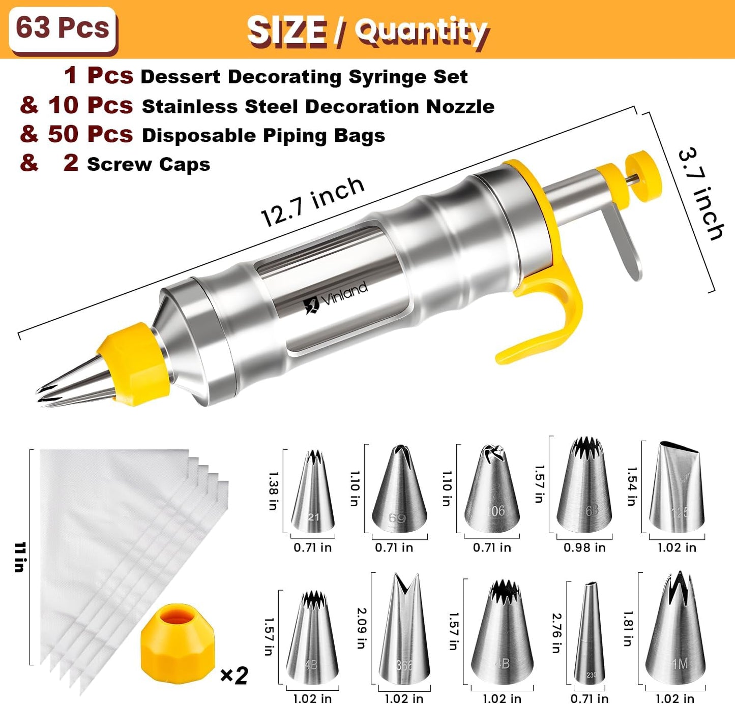 Dessert Decorating Syringe Set Icing Piping Kit Frosting Piping Kit Stainless Steels Cake Decorating Kit with 10 food grade stainless steel piping tips & 50 Disposable Piping Bags Yellow