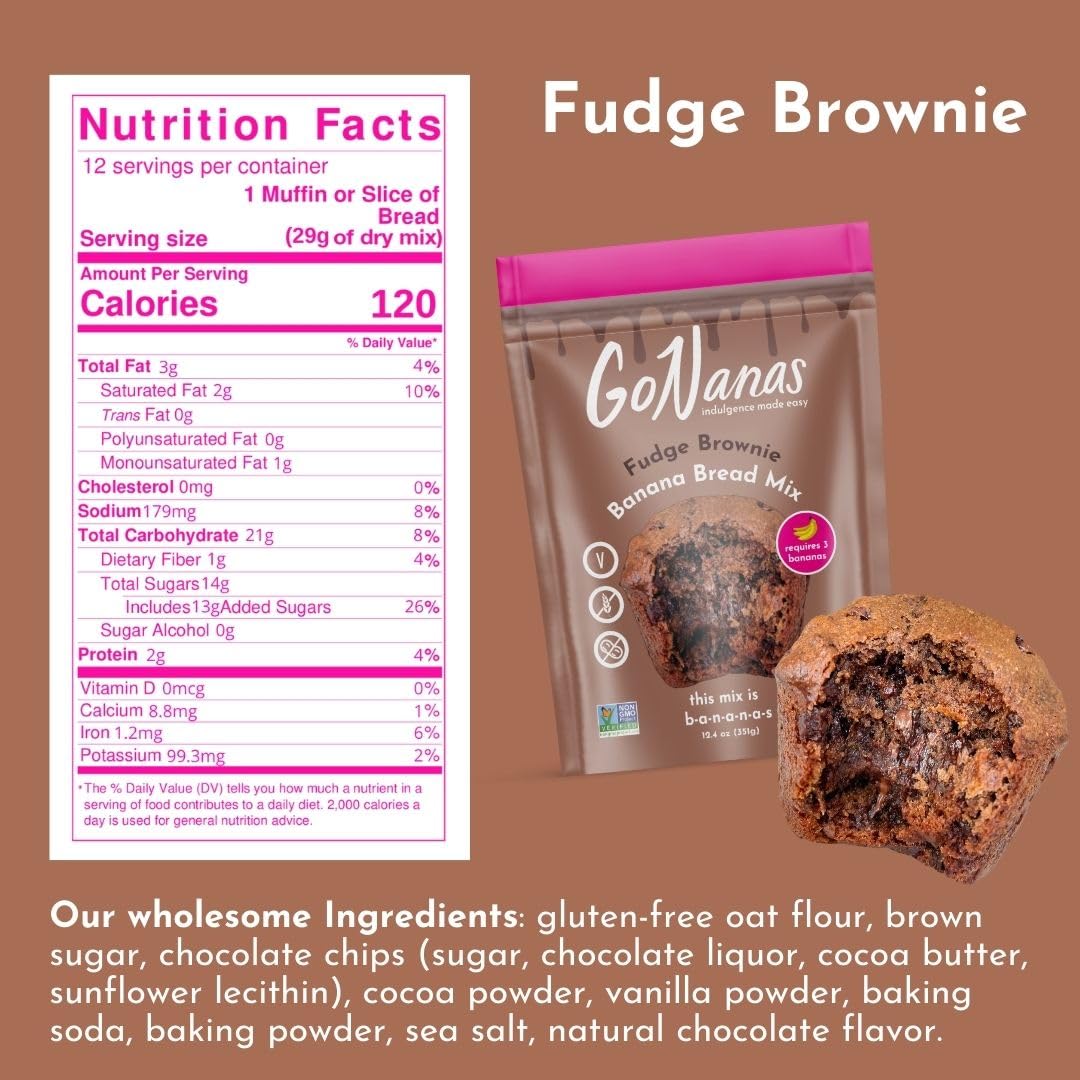 GoNanas Fudge Brownie Oat Flour Banana Bread Mix, Suitable for Plant Based Vegan Diets, Gluten Free Dairy Free Snacks, Healthy Snacks For Adults, Muffin Mix, Nut Free, Cupcakes Dessert, NON-GMO, 1pk
