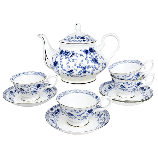 Bone China Tea Set for Adults, 13-Piece Porcelain Tea Sets,Blue and White Bone China Tea Cup Set for 4，Vintage Tea Sets for Women Tea Party or Christmas Gifts