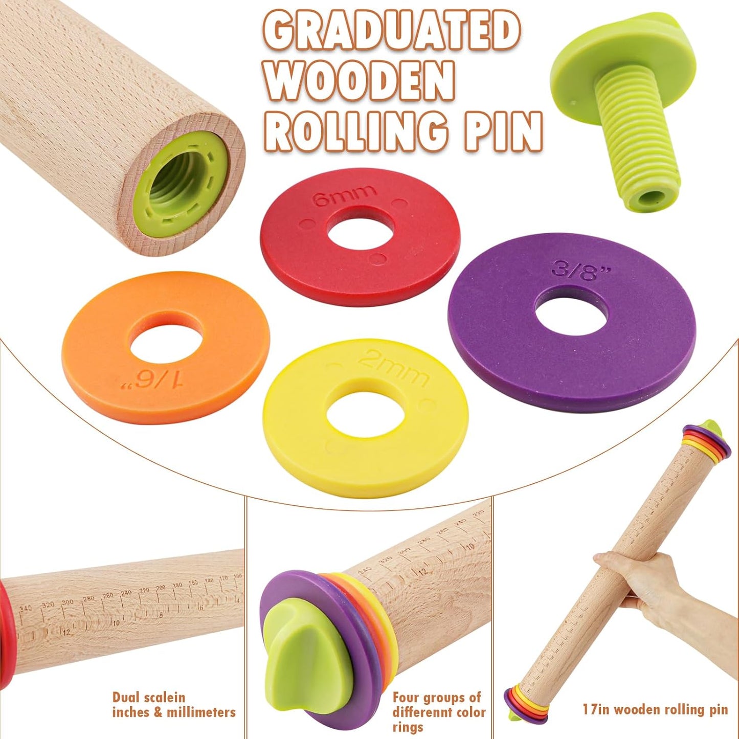 17Inch Wooden Rolling Pin, Rolling Pin with 4 Adjustable Thickness Ring, Graduated Rolling Pin for Baking, Fondant, Pizza, Crust, Cookies, Pastry