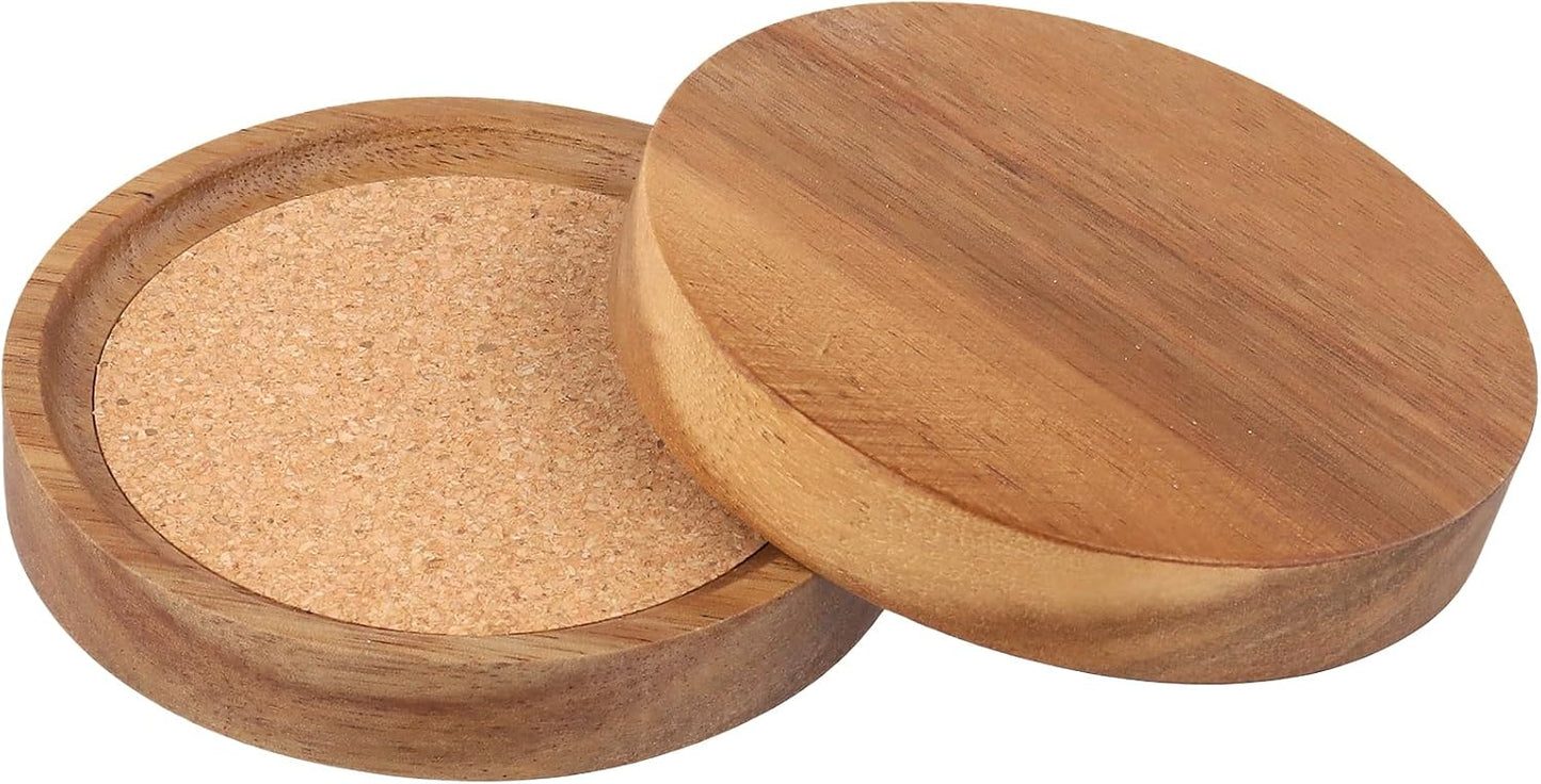 Set of 12 Acacia Wood Cork Coasters with Holder - 4.13 Inch Absorbent Insulated Drink Pads, Stackable for Coffee Table & Office Desk