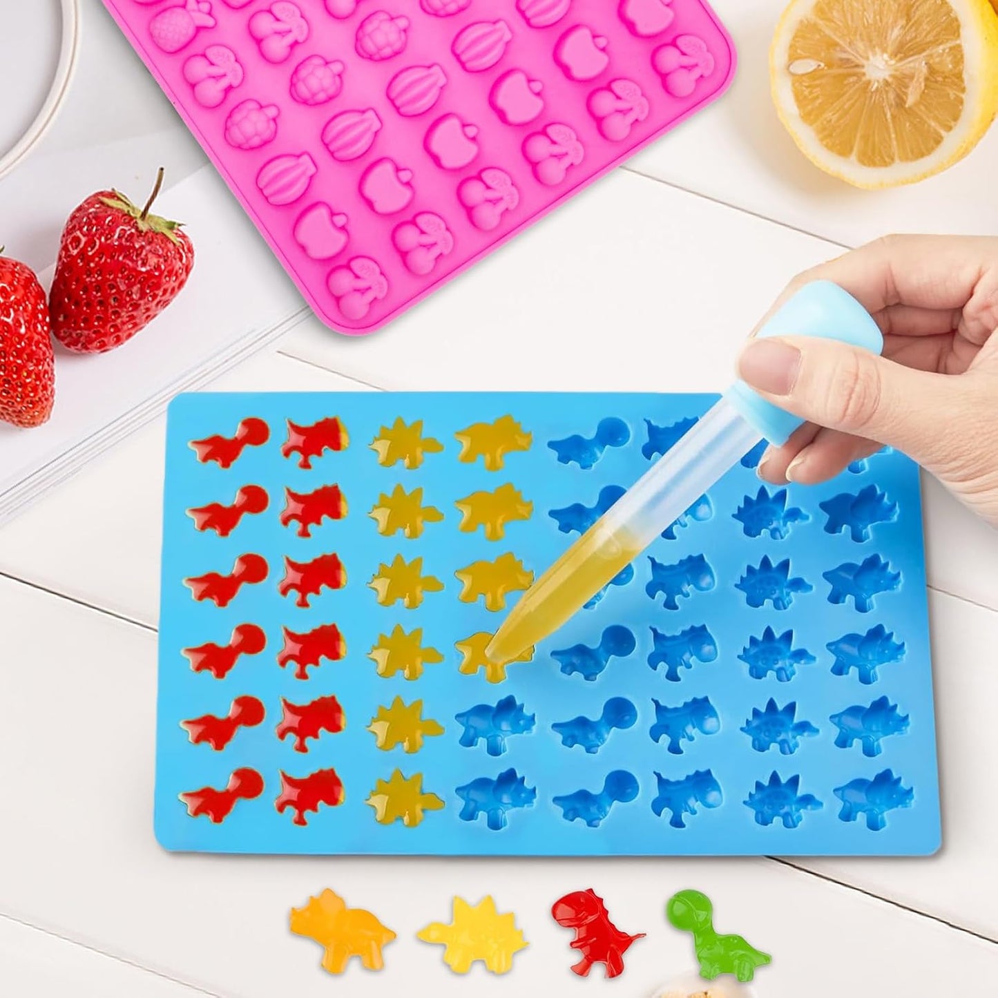 Gummy Candy Molds - Silicone Gummy Dinosaur/Marine Animal/Donut/Small Hearts Shapes/Fruit Snack Mold for Kids with 2pcs Dropper,Non-stick and Bpa Free for Mini Candy Chocolate Gummies Baking