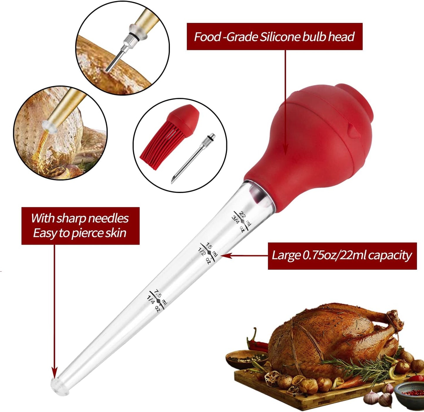 JY COOKMENT Turkey Baster with Barbecue Basting Brush, Baster Syringe for Home Baking and Roaster Turkey, Include Detachable Food Grade Silicone Bulb, Meat Injector Needle and Cleaning Brush