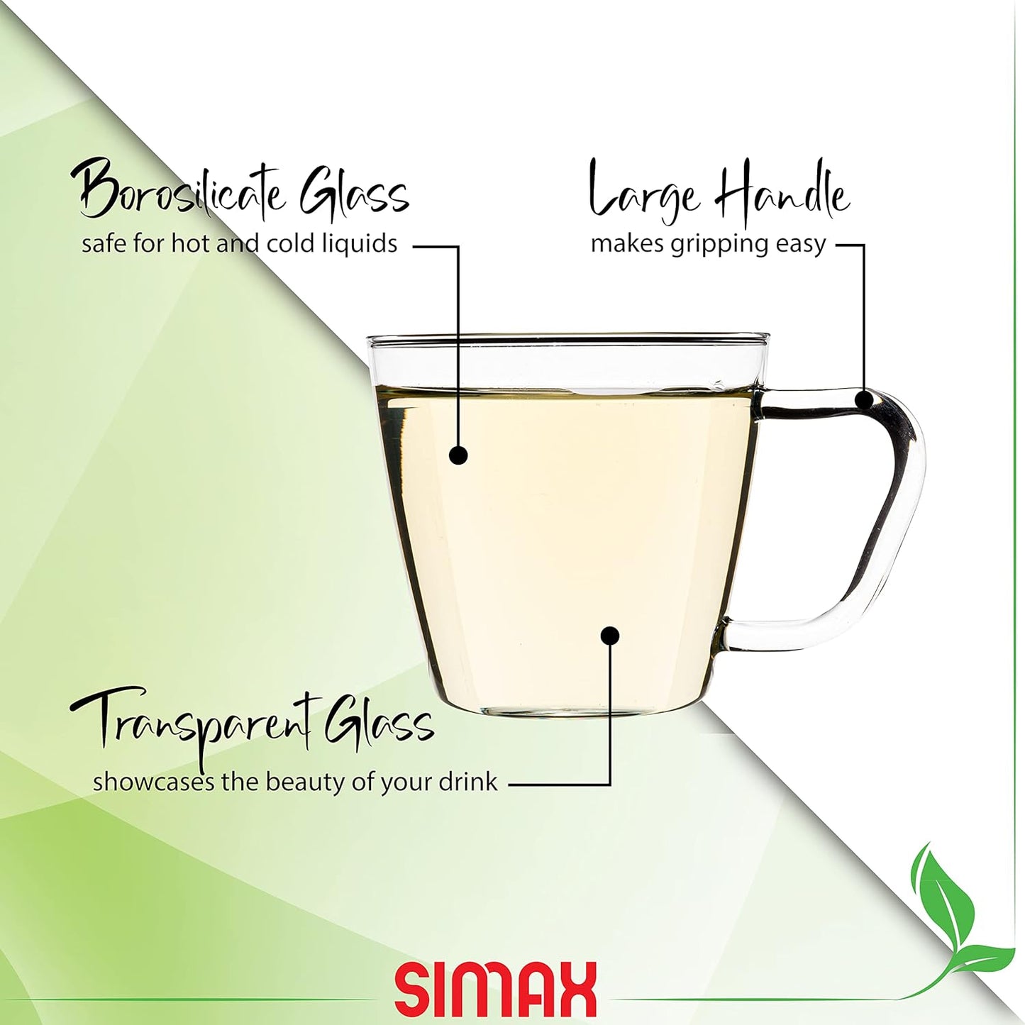 SIMAX Small Clear Glass Coffee Mug Set of 6 - 7 Ounce Heat Safe Borosilicate Tea Cups With Handles for Cappuccino