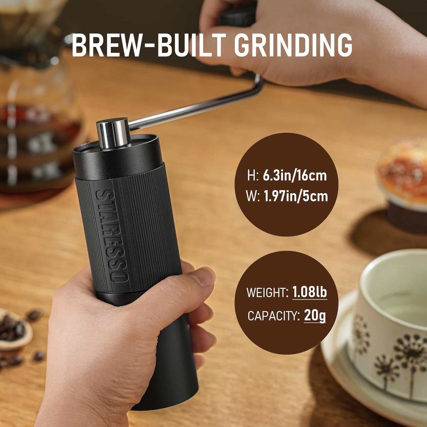 STARESSO D6 PLUS Portable Manual Coffee Grinder with Numerical Adjustable Setting, Stainless Steel Conical Burr for Consistent Grind, Easy to Use for Espresso, French Press, Pour Over, Cold Brew