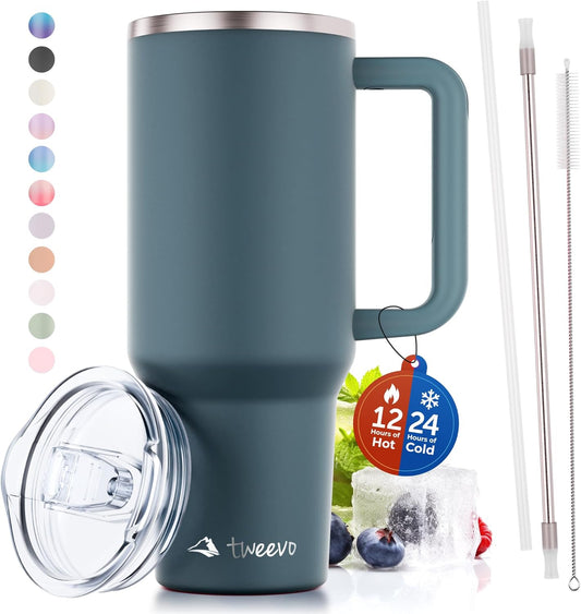 40 oz Tumbler With Handle and Straw Made of Stainless Steel - Double Wall Vacuum Insulated Tumbler With Lid - Sweat Proof Easy Grip, BPA-Free, Dishwasher Safe Tumbler (Charcoal)