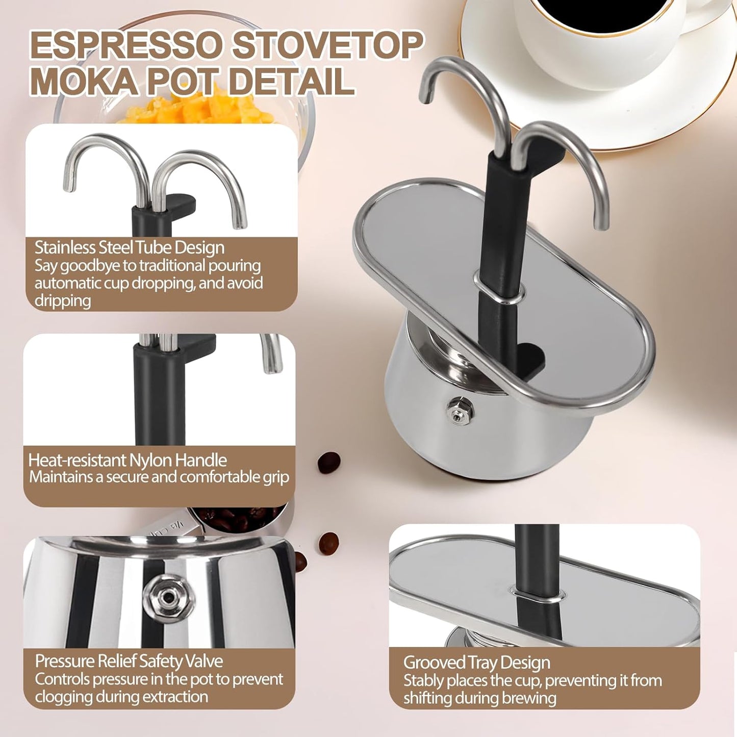 Uncoated 2 Cup Dual Pipe Moka Pot 304 Thickened Stainless Steel Mini Coffee Maker Stovetop Espresso Coffeemaker Italian Classic Style Brewing Greca Cafe Mocha Machine for Camping Travel Home 150ml