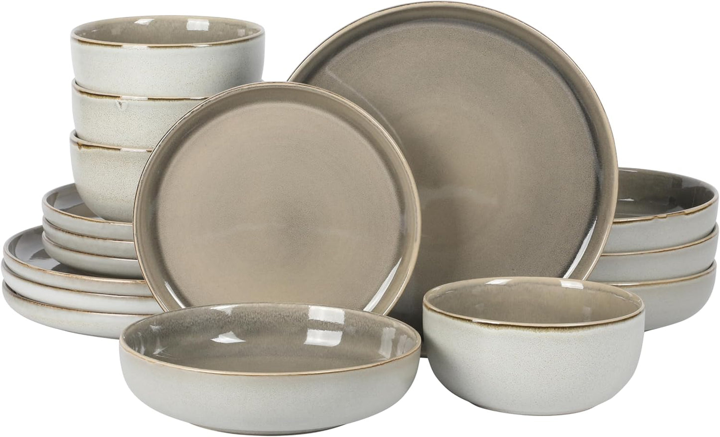 Gibson Elite Sunveil 16 Piece (Service for 4) Plates and Bowls Reactive Glaze Round Dishes Stoneware Ceramic Dinnerware Set -Taupe
