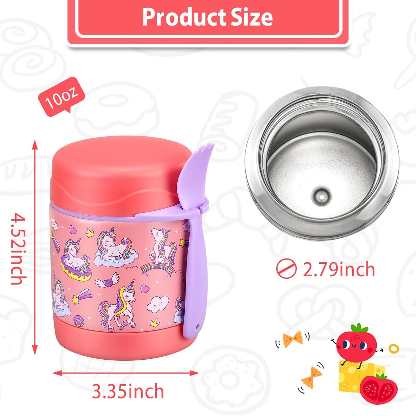 10oz Soup Thermo for Hot Food Kids,Lunch Thermo Kids Food Jar with Spoon Hot Insulated Food Containers,Leak Proof Stainless Steel Wide Mouth Lunch Food Thermo Jar for School(Pink-Unique Horse)