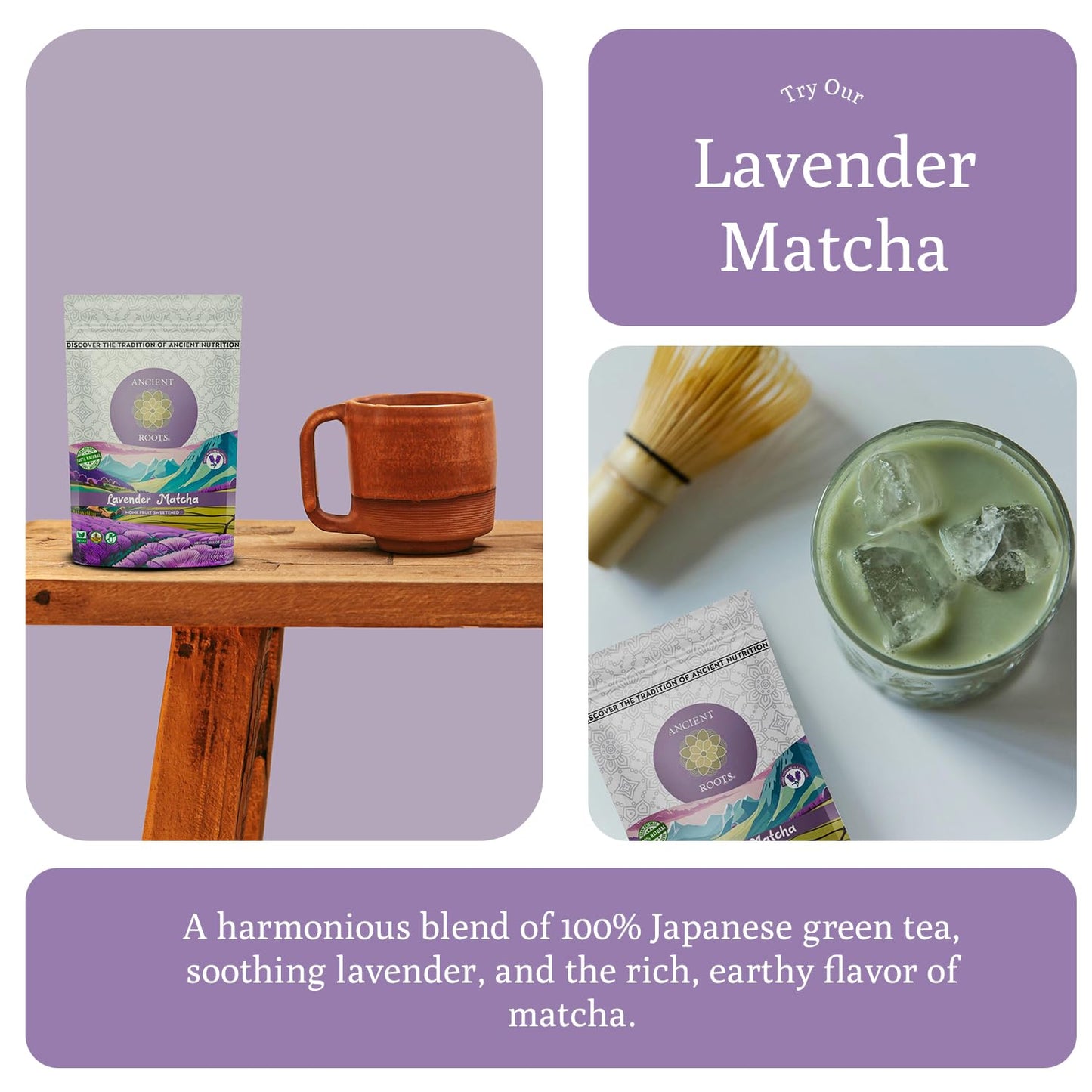Ancient Roots Lavender Matcha - Green Tea Powder - 100% Japanese Matcha, All-natural Flavor No Added Sugar, Monk Fruit Sweetened, Clean Caffeine, Big Size,10.5 Ounce