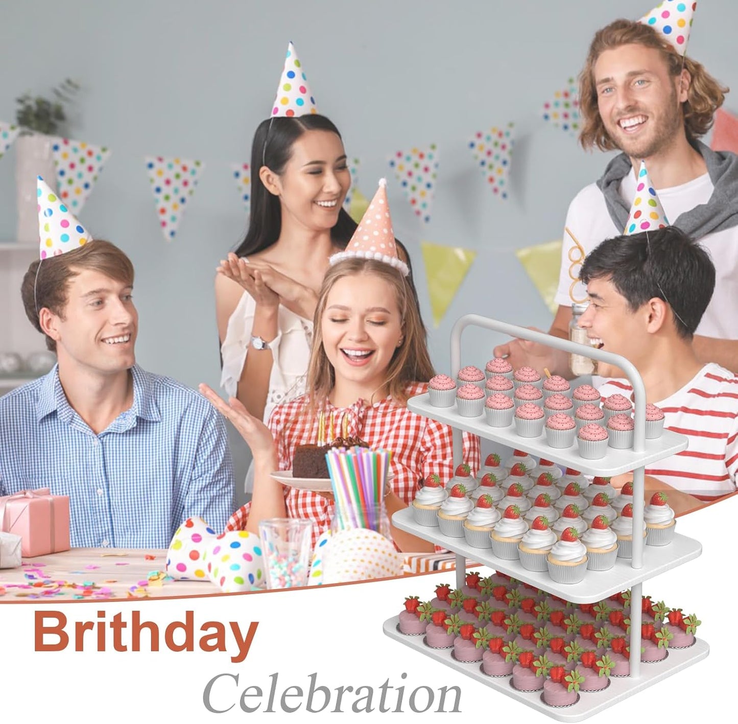 Cupcake Stand, 3-Tier Dessert Stand for 68 Cupcakes, Wood & Metal Tower Display Premium Holder Dessert Tree Tower for Wedding Graduation Birthday Christmas Party, Serving Tray, White