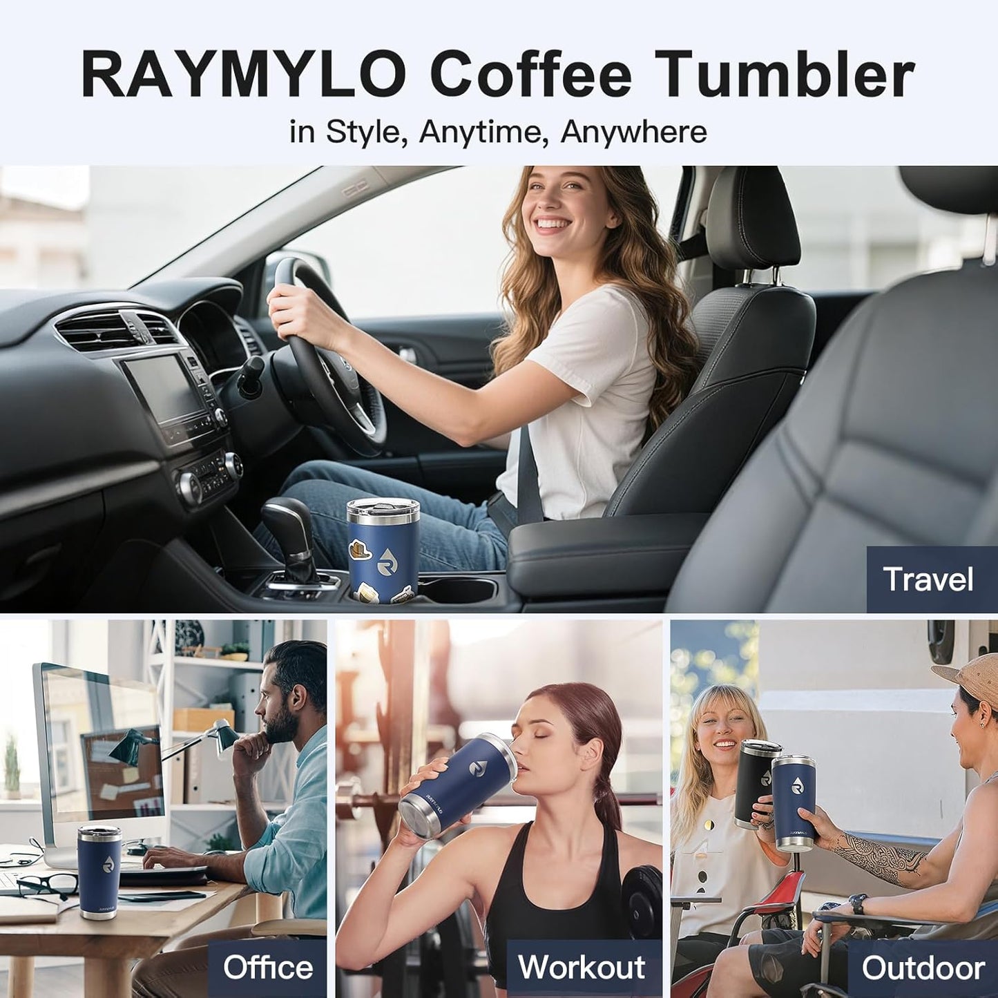 20 oz Coffee Tumbler - Insulated Stainless Steel Travel Mug for Hot/Cold, Spill Proof with BPA-Free Detachable Lid, Coffee Cup Fits Most Car holder, Includes Chic Stickers, Navy Blue