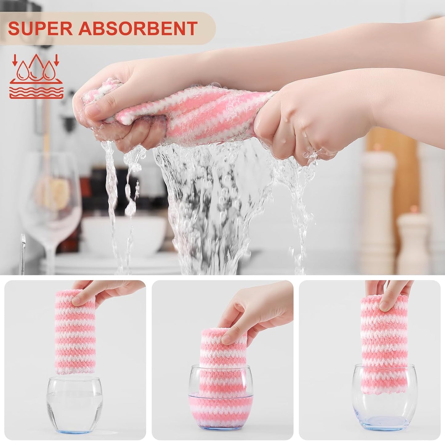 Homaxy 12 Pack Kitchen Dish Cloths, Ultra Soft and Absorbent Dish Towels, Reusable Fast Drying Microfiber Cleaning Cloth, Coral Velvet Wave Design No-lint, 10 x 10 inches, Blue/Pink/Grass Green