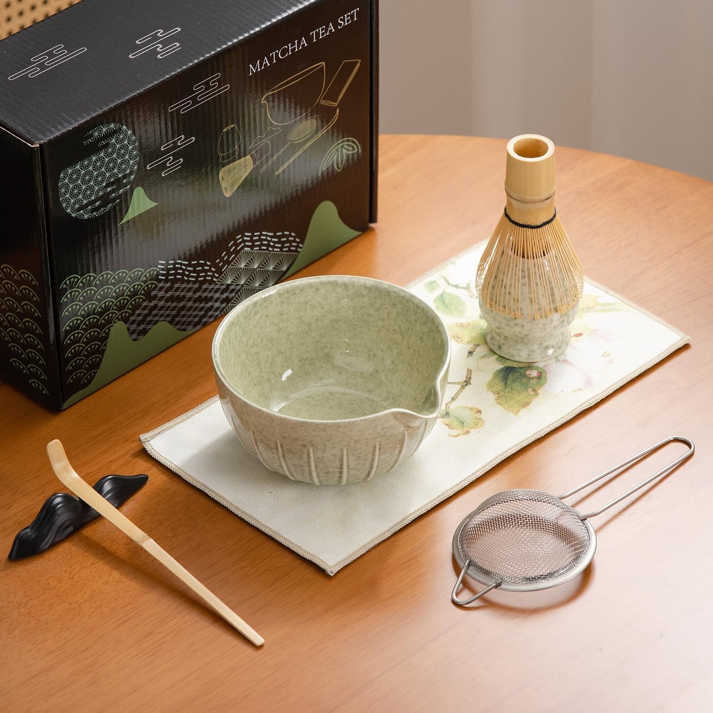 Japanese Matcha Ceremony Accessory, Matcha Whisk, Traditional Scoop (Chashaku), Tea Spoon, Whisk Holder, 1 tea bowl, 1 tea siev, The Perfect Set to Prepare a Traditional Cup of Matcha. (waitu001)